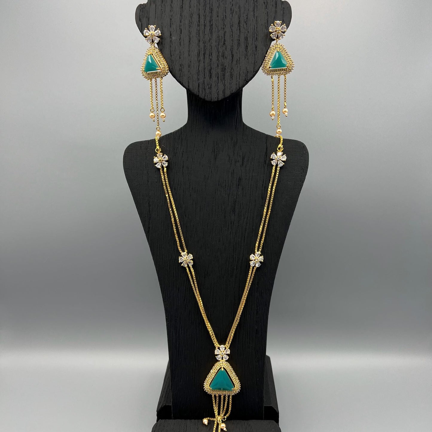 Fashion - Pretty Trendy Style Turquoise Blue AD/CZ Stone Long Pendant Set