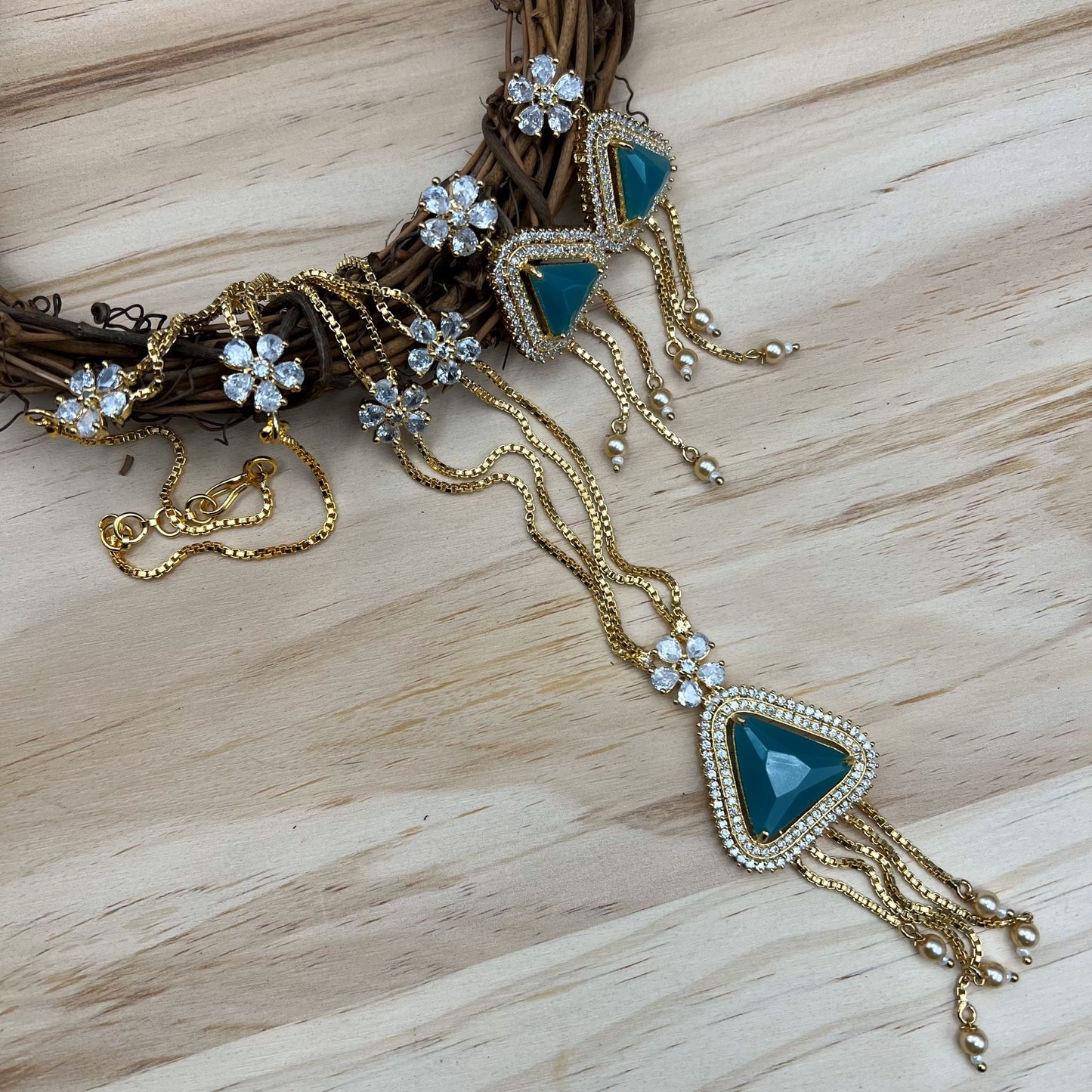 Fashion - Pretty Trendy Style Turquoise Blue AD/CZ Stone Long Pendant Set