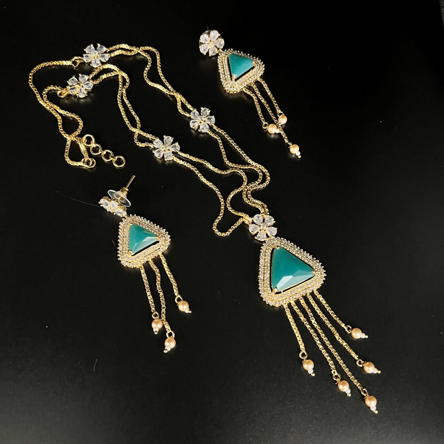 Fashion - Pretty Trendy Style Turquoise Blue AD/CZ Stone Long Pendant Set