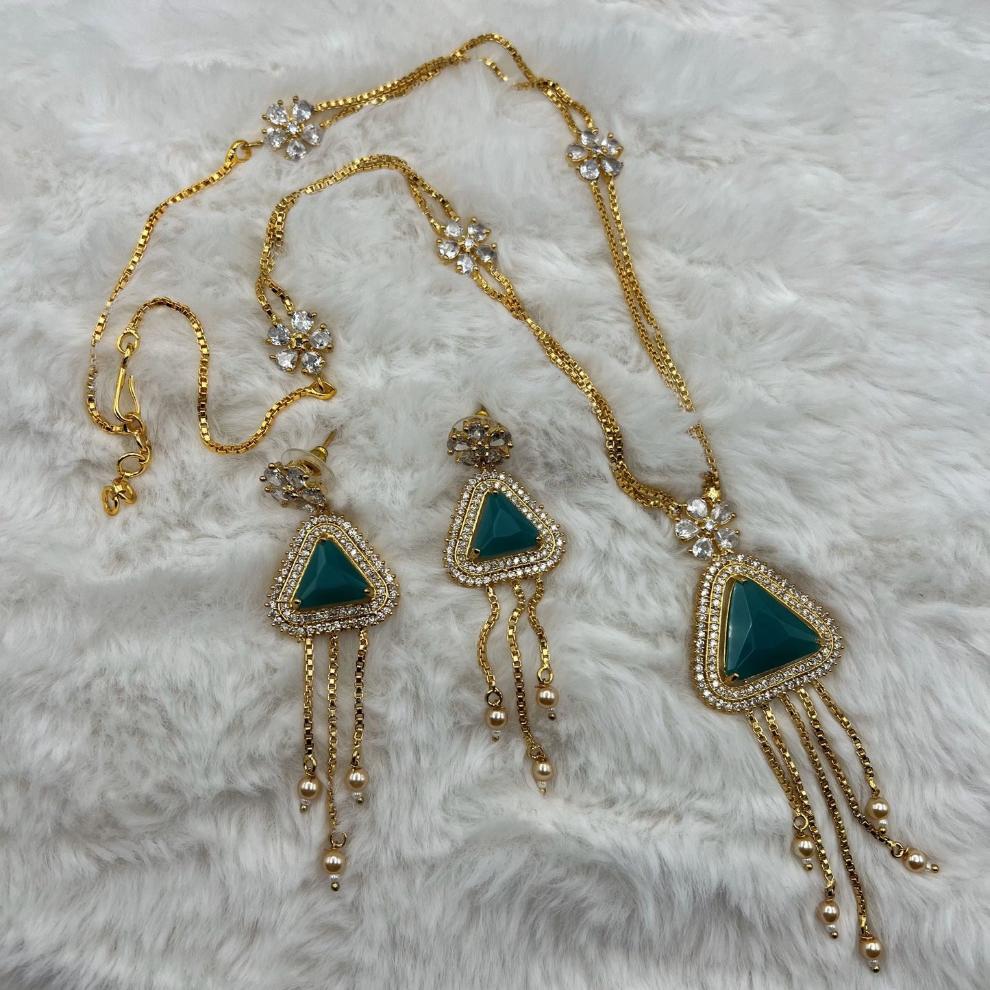 Fashion - Pretty Trendy Style Turquoise Blue AD/CZ Stone Long Pendant Set