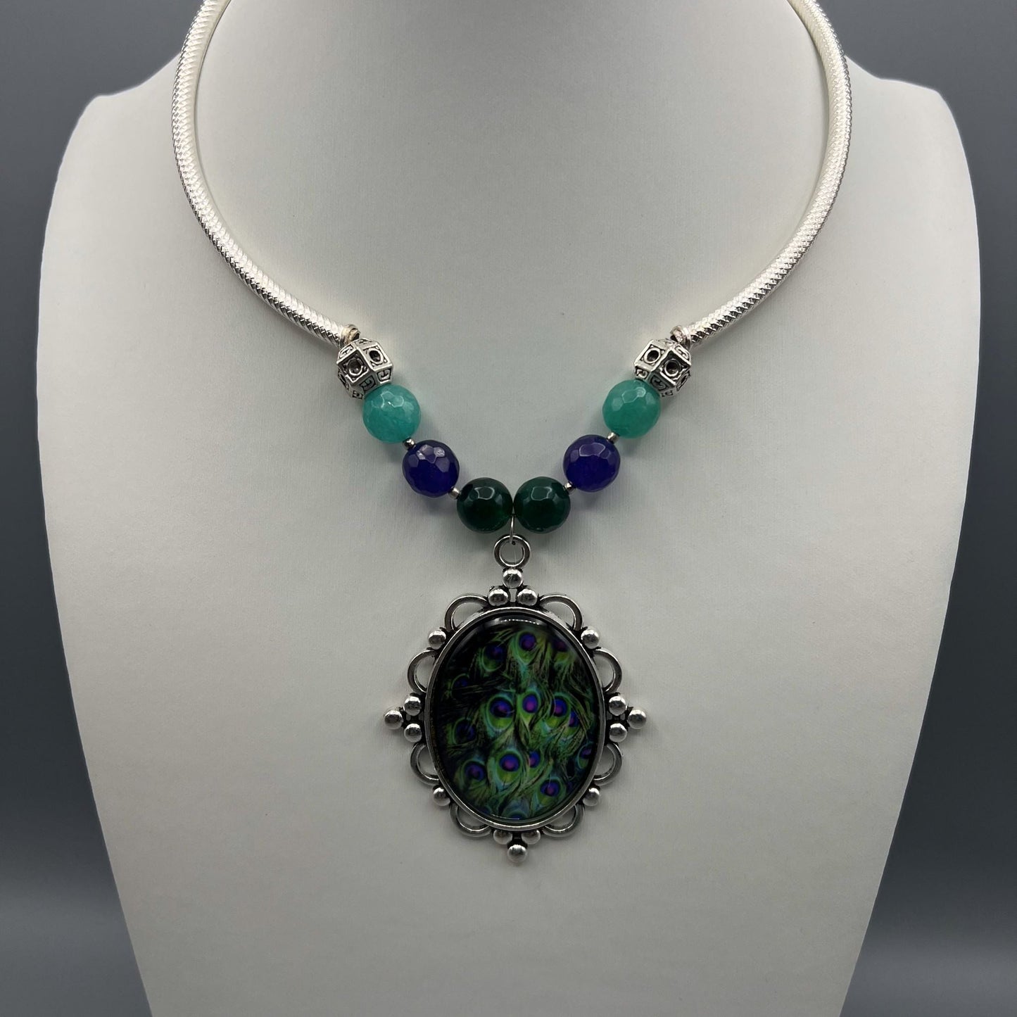 Fashion - Cuff/Hasli Style Peacock Feather Design Green Oxidized Pendant Set