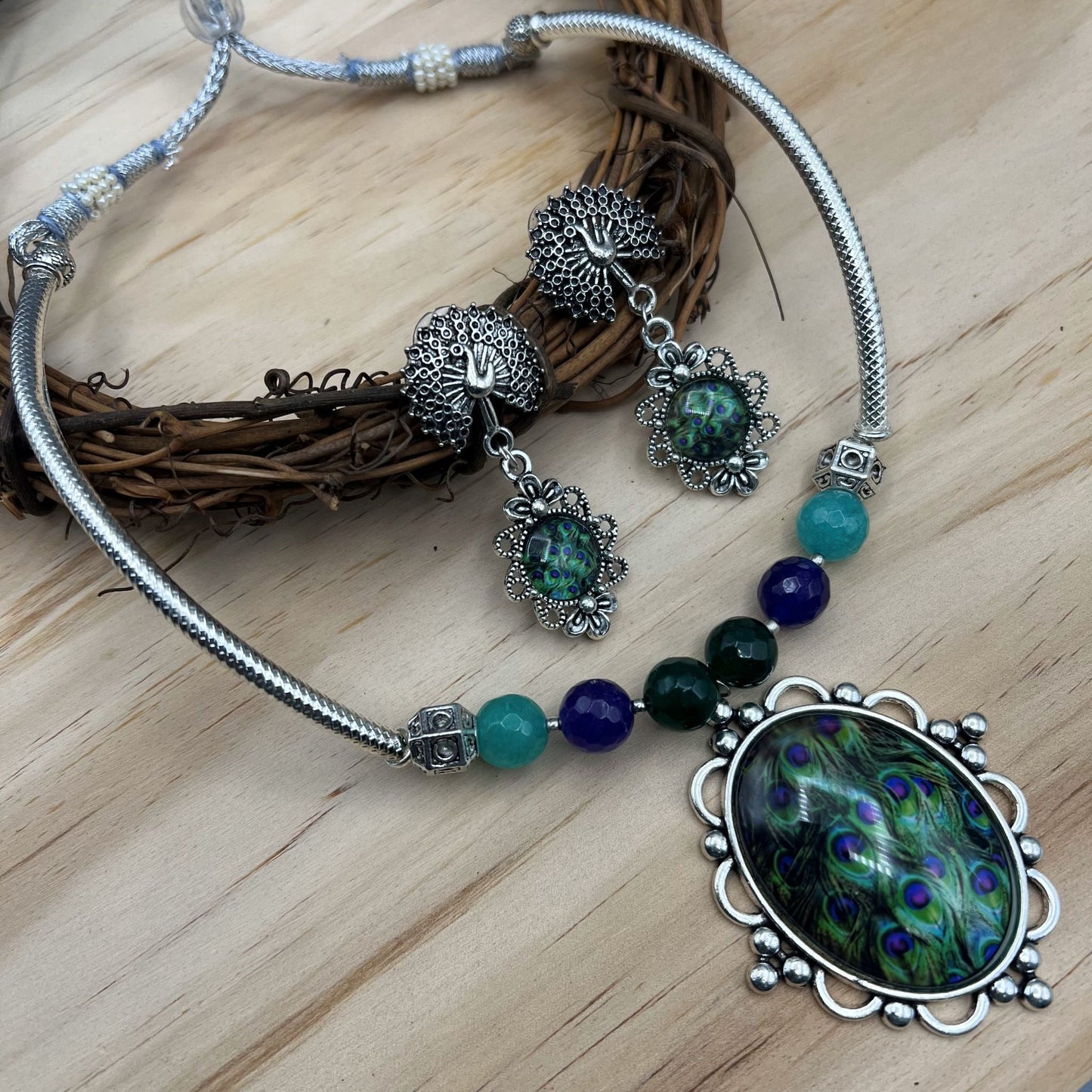 Fashion - Cuff/Hasli Style Peacock Feather Design Green Oxidized Pendant Set