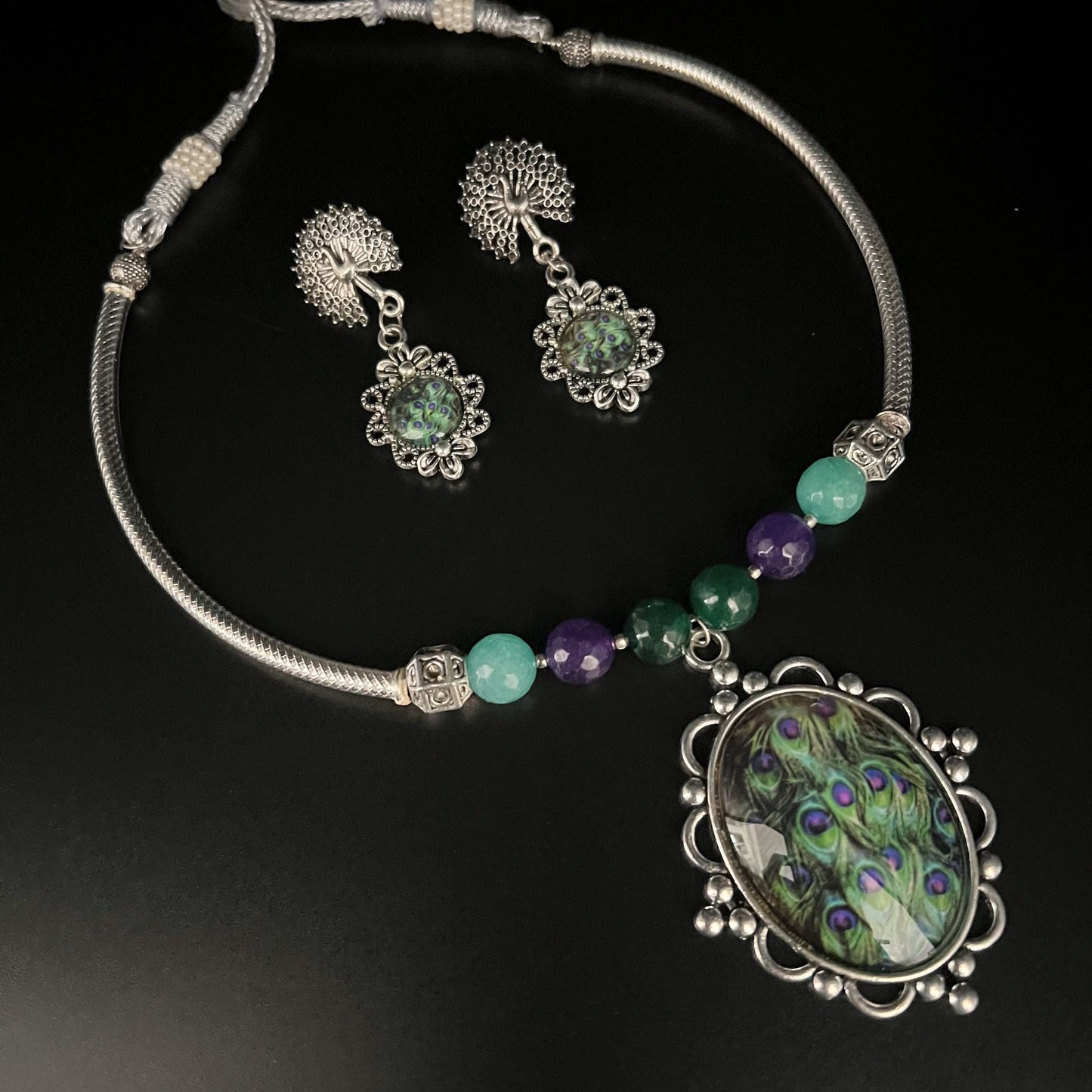 Fashion - Cuff/Hasli Style Peacock Feather Design Green Oxidized Pendant Set