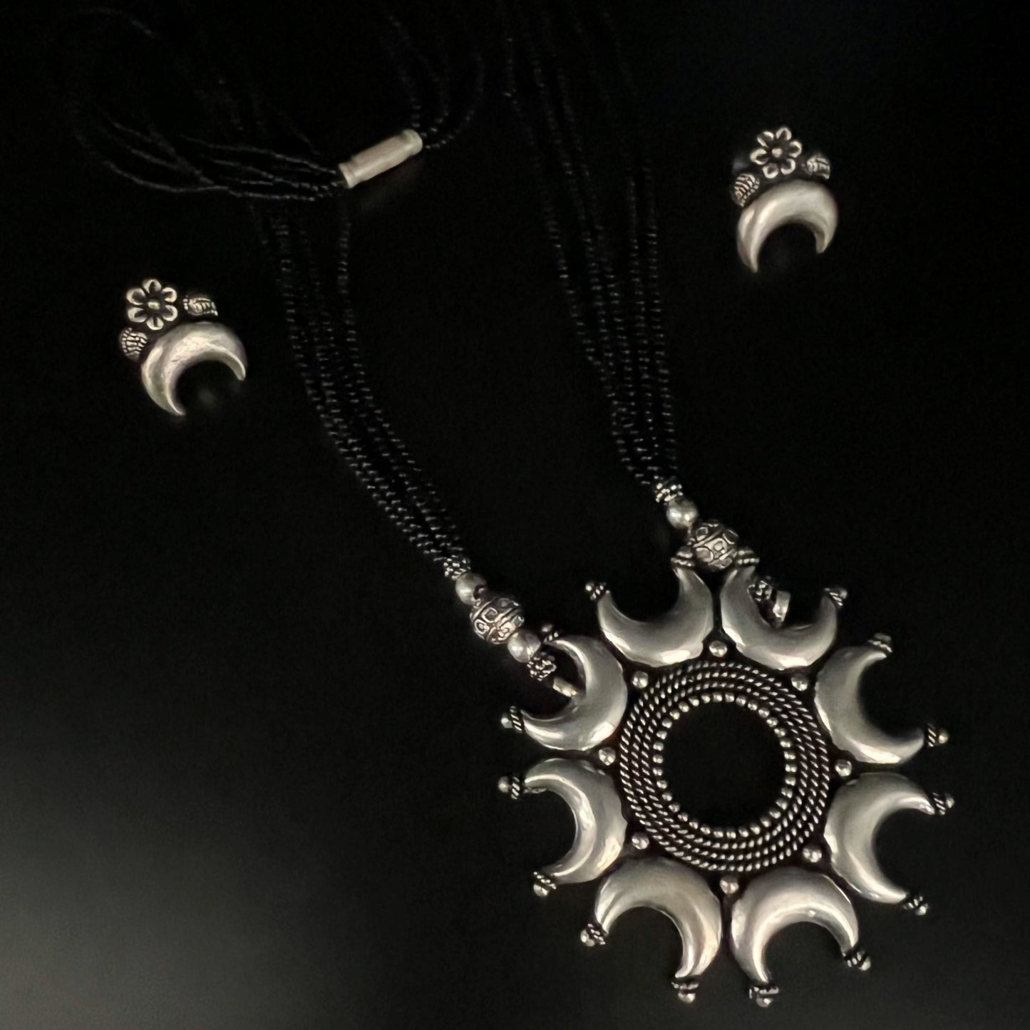 Fashion - Trendy Half Moon Design Black Bead Oxidized, Bead Mix Pendant Set