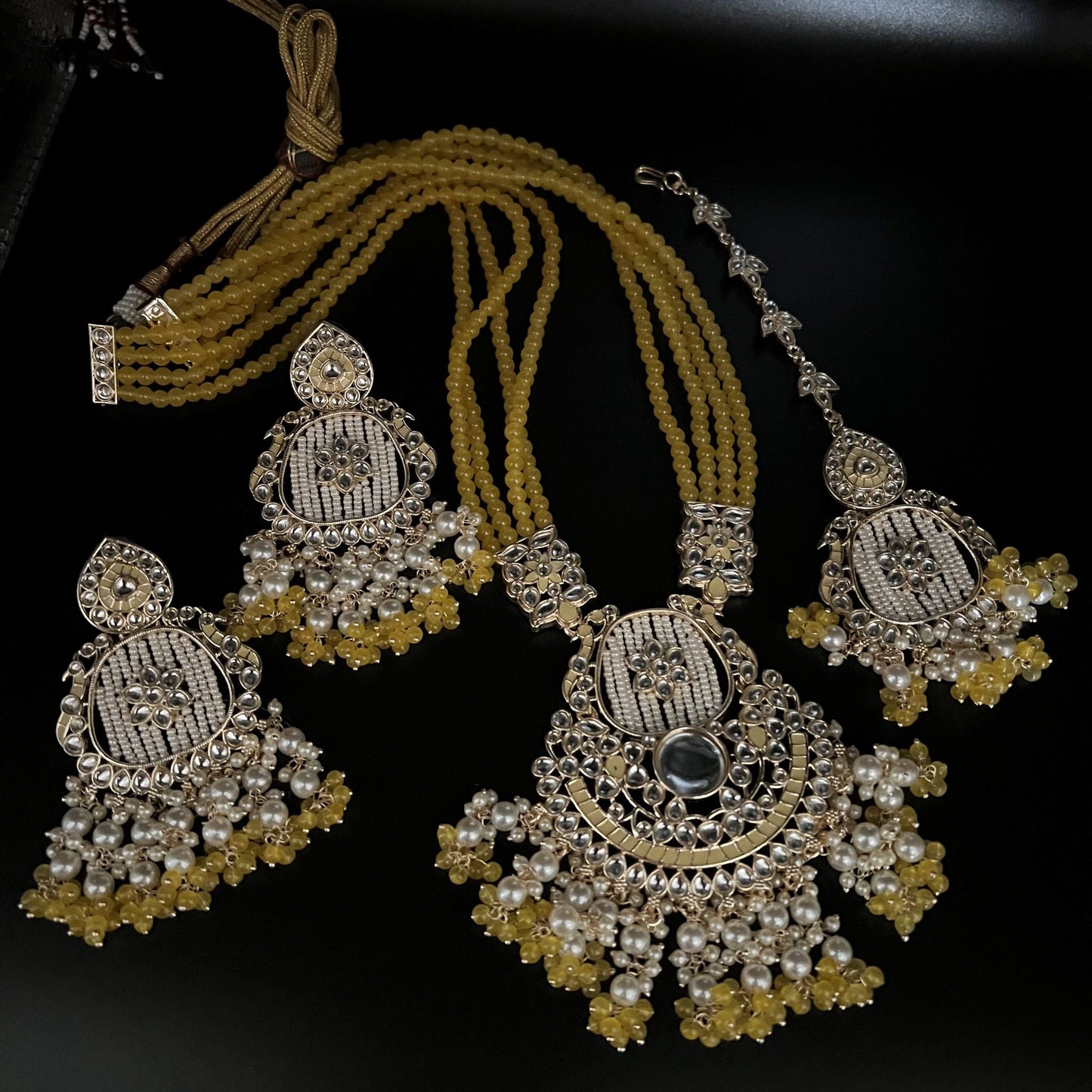 Fashion - Statement Yellow Kundan, Bead Mix Long Necklace Jewelry Set