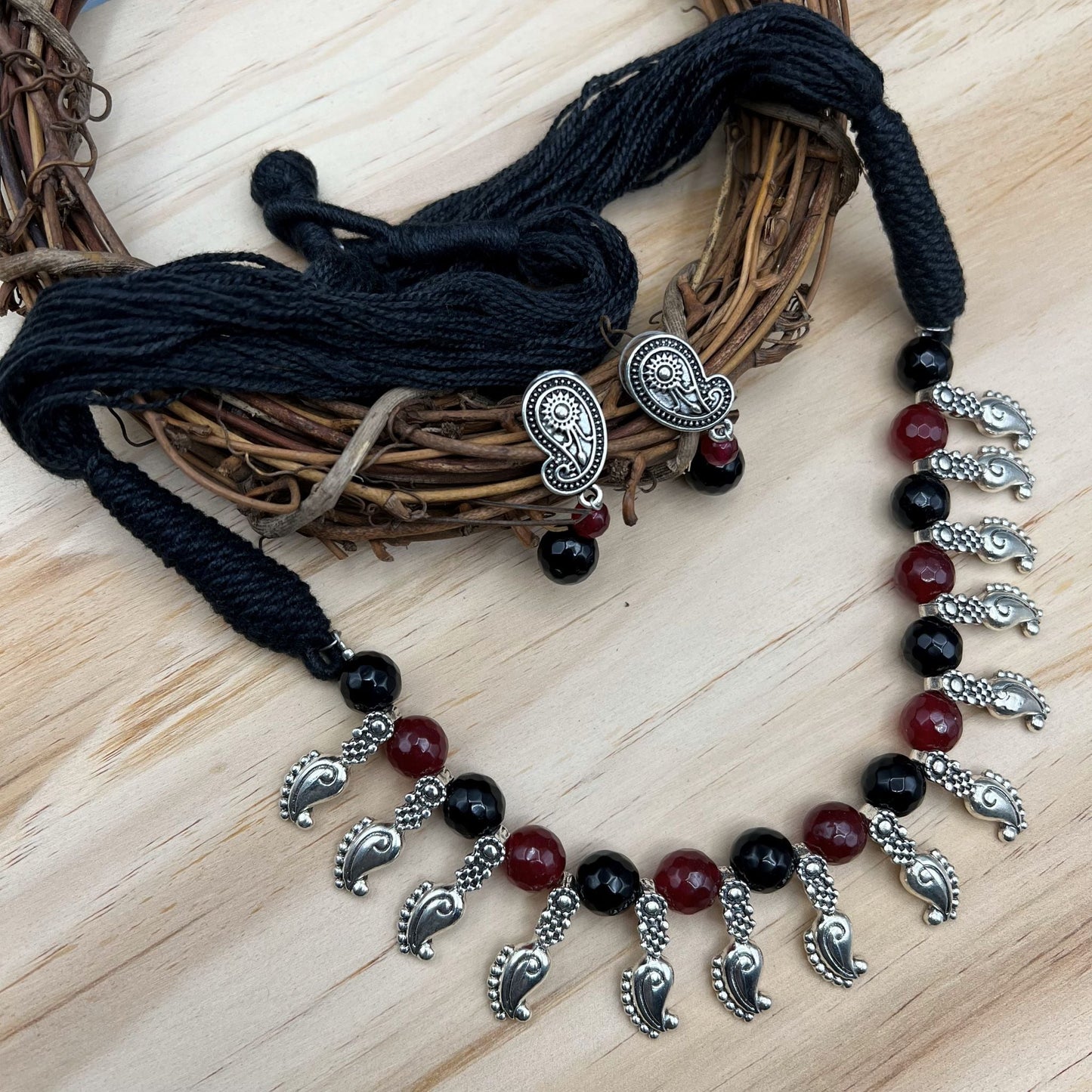 Fashion - Mango Motif Black & Red Agates Oxidized Necklace Set