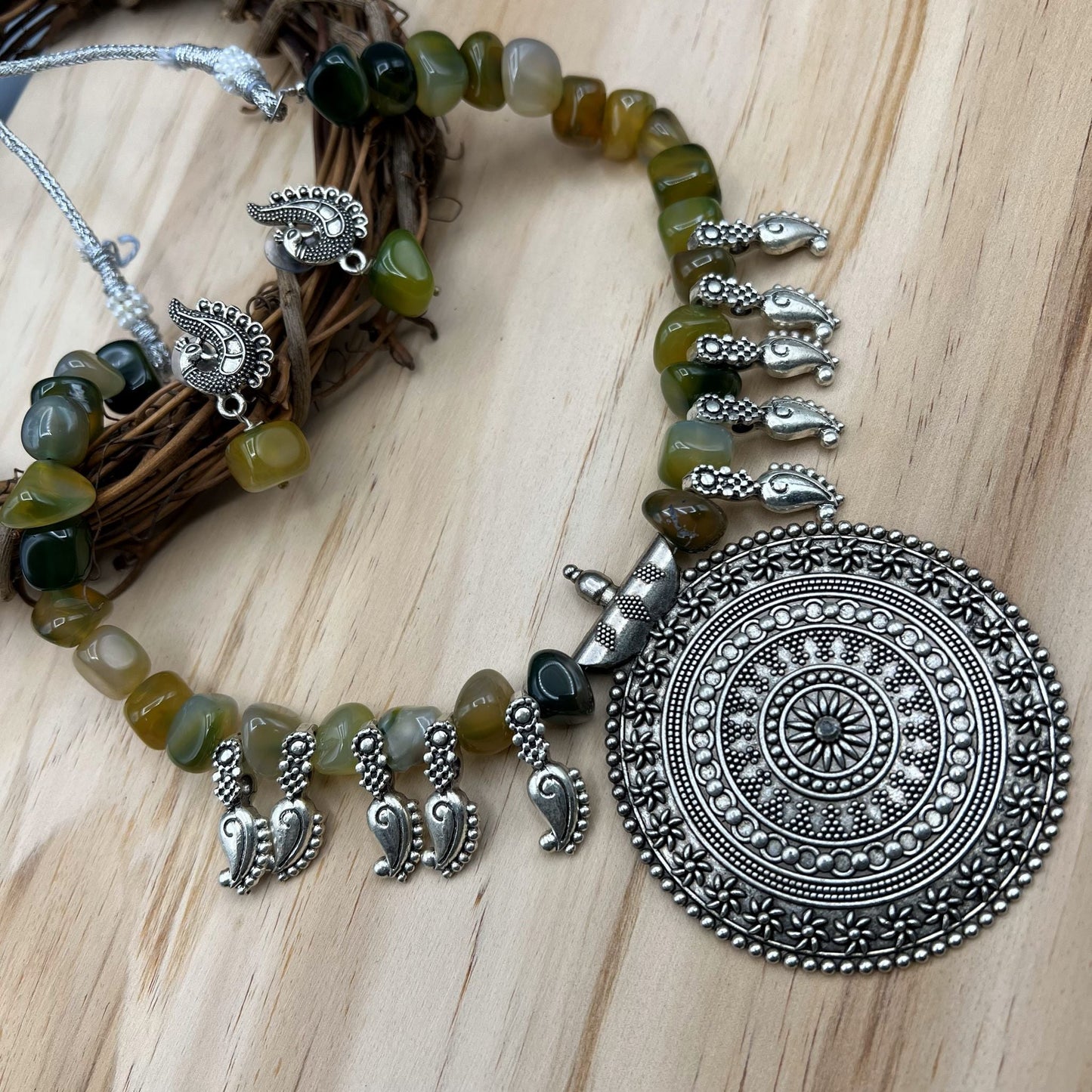 Fashion - Mango Motif Moss Green Onyx Oxidized, Bead Mix Necklace Set
