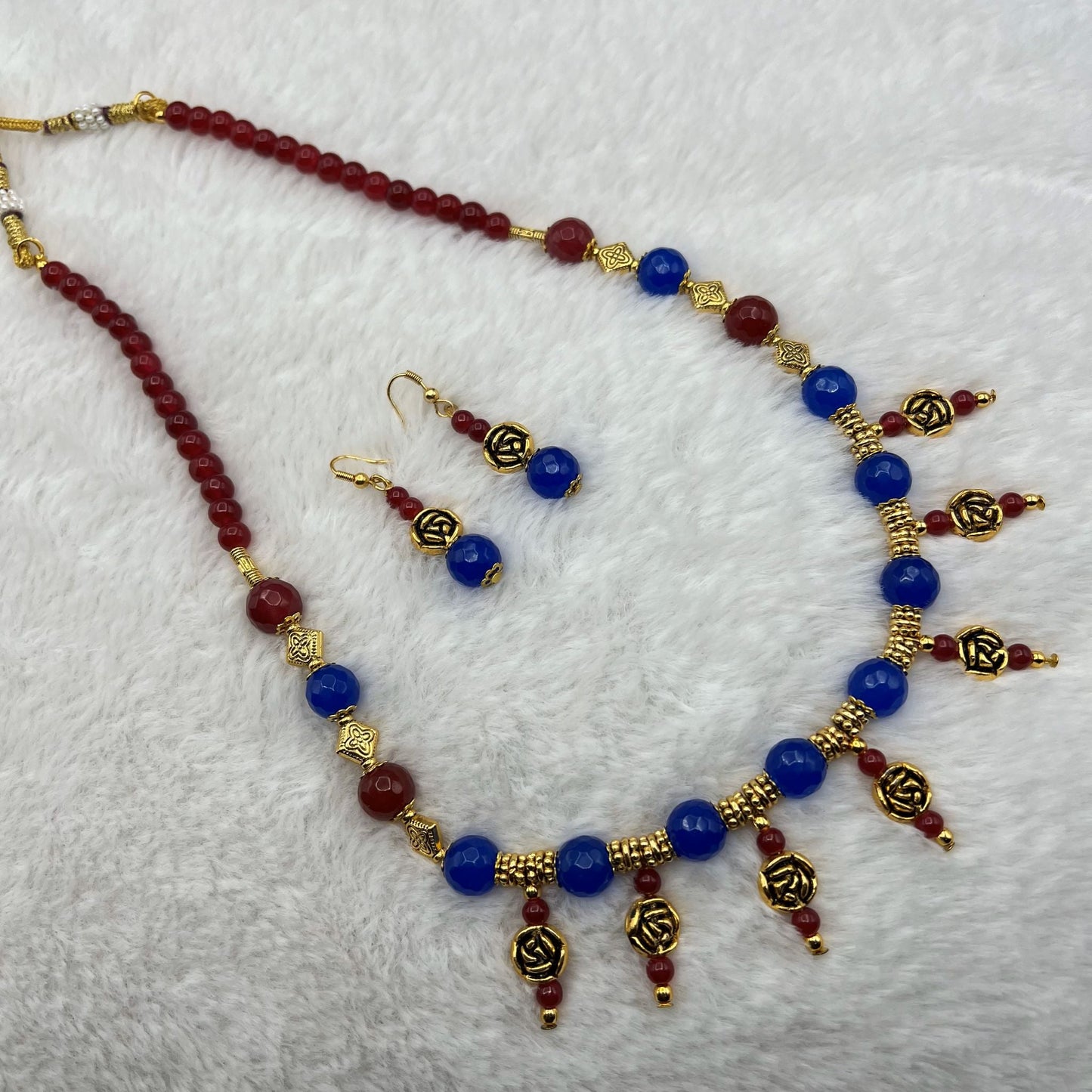 Fashion - Rose Motifs Red & Blue Agate Oxidized Gold Tone, Bead Mix Long Necklace Set