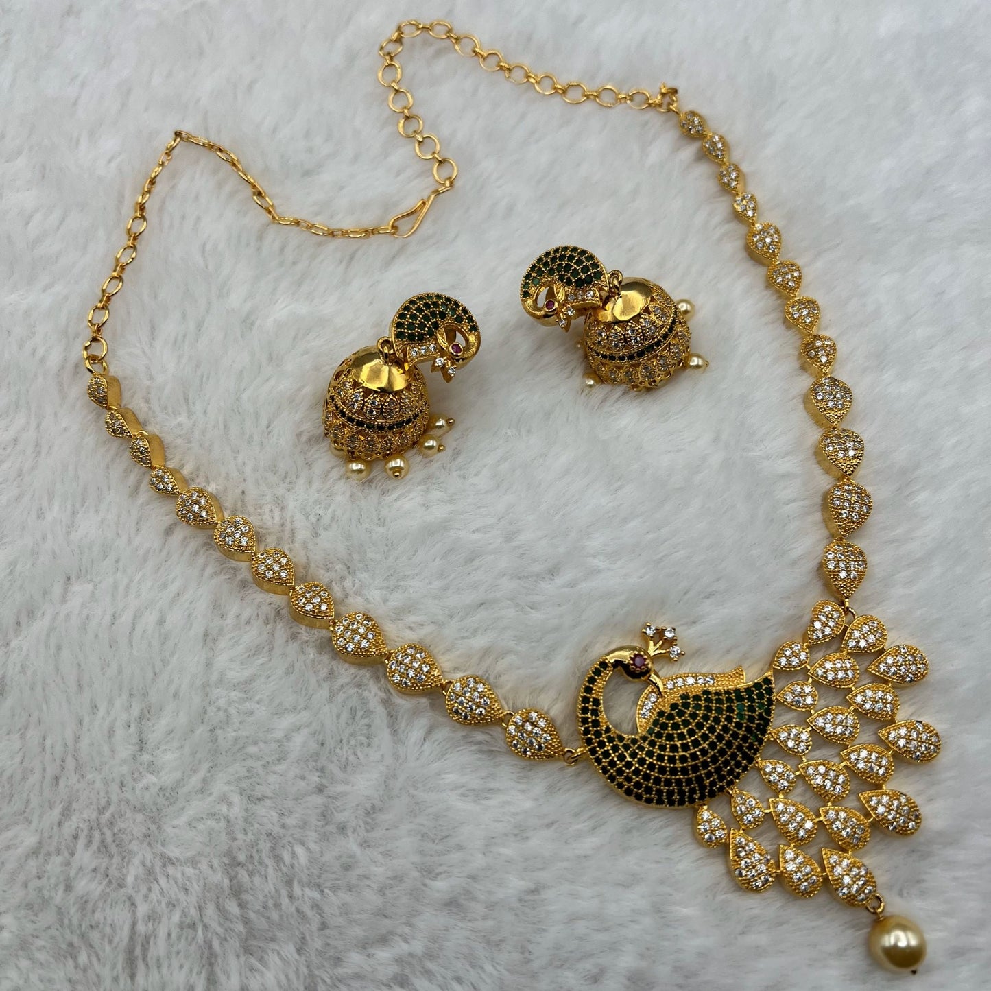 Fashion - Lovely Peacock Pendant Green AD/CZ Stone Necklace Set