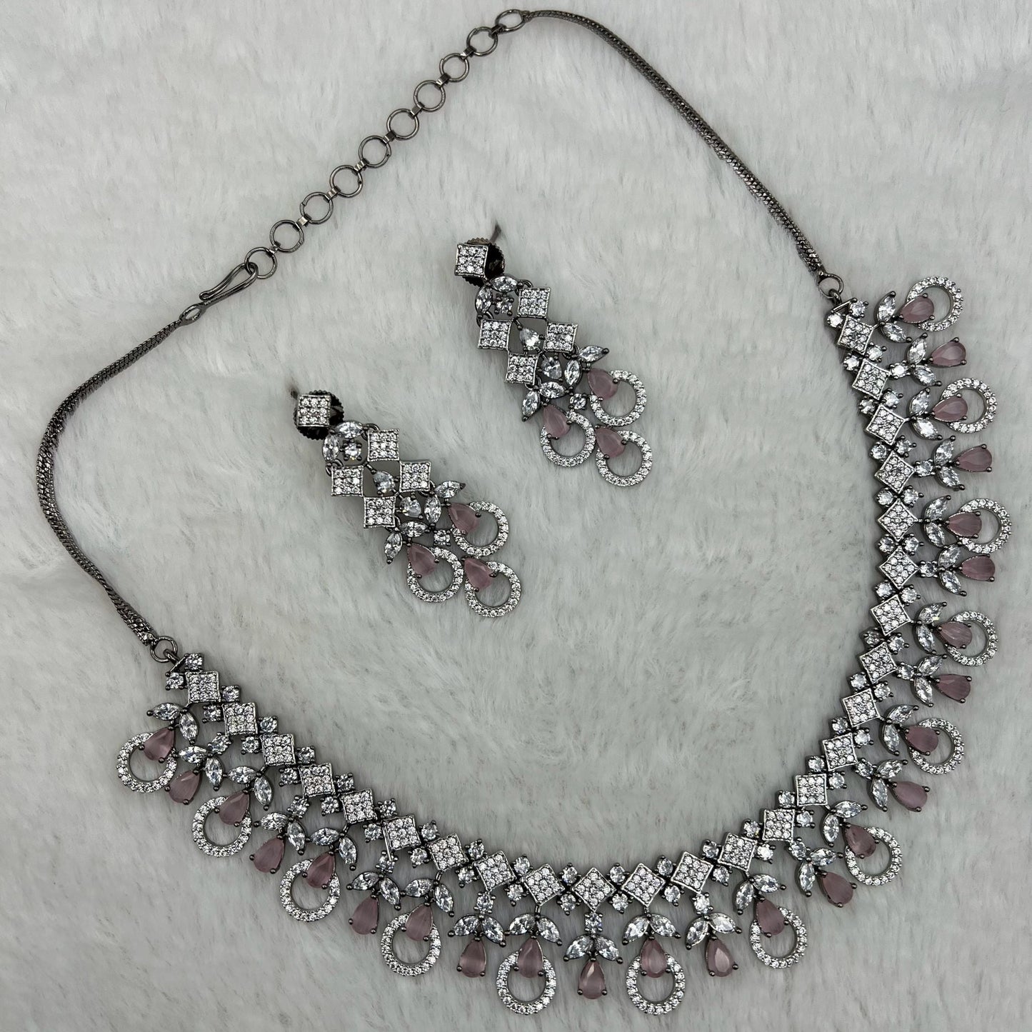 Fashion - Victorian Inspired Pink AD/CZ Stone Necklace Set