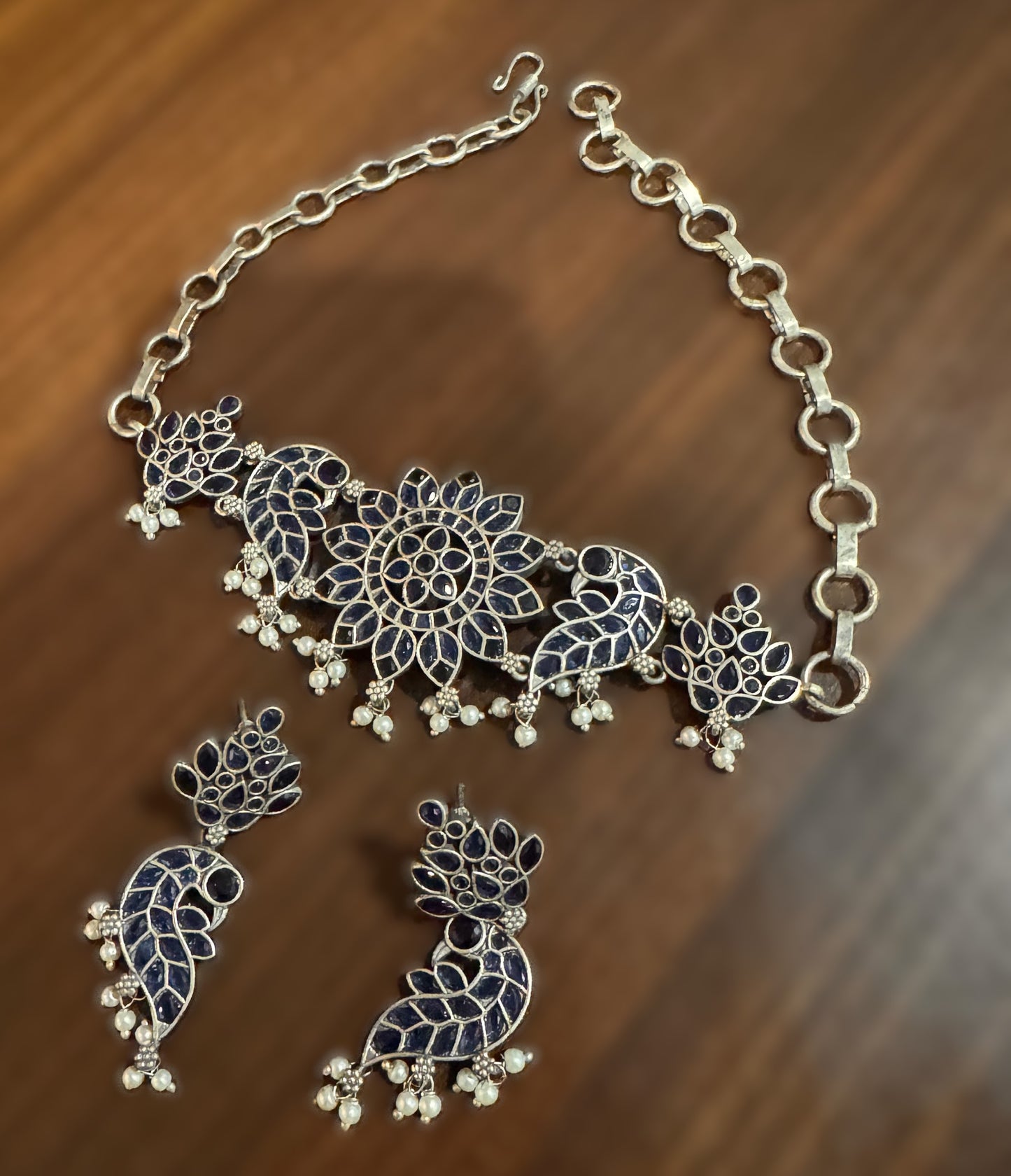 Premium Fashion - Peacock Design Navy Blue Oxidized Choker Necklace Set