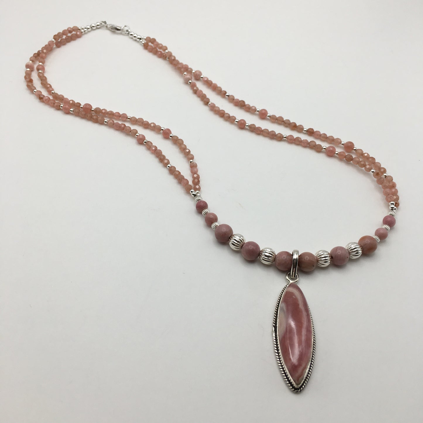 925 Silver Classic Rhodochrosite Dual Strand Necklace With Marquise Shape Locket
