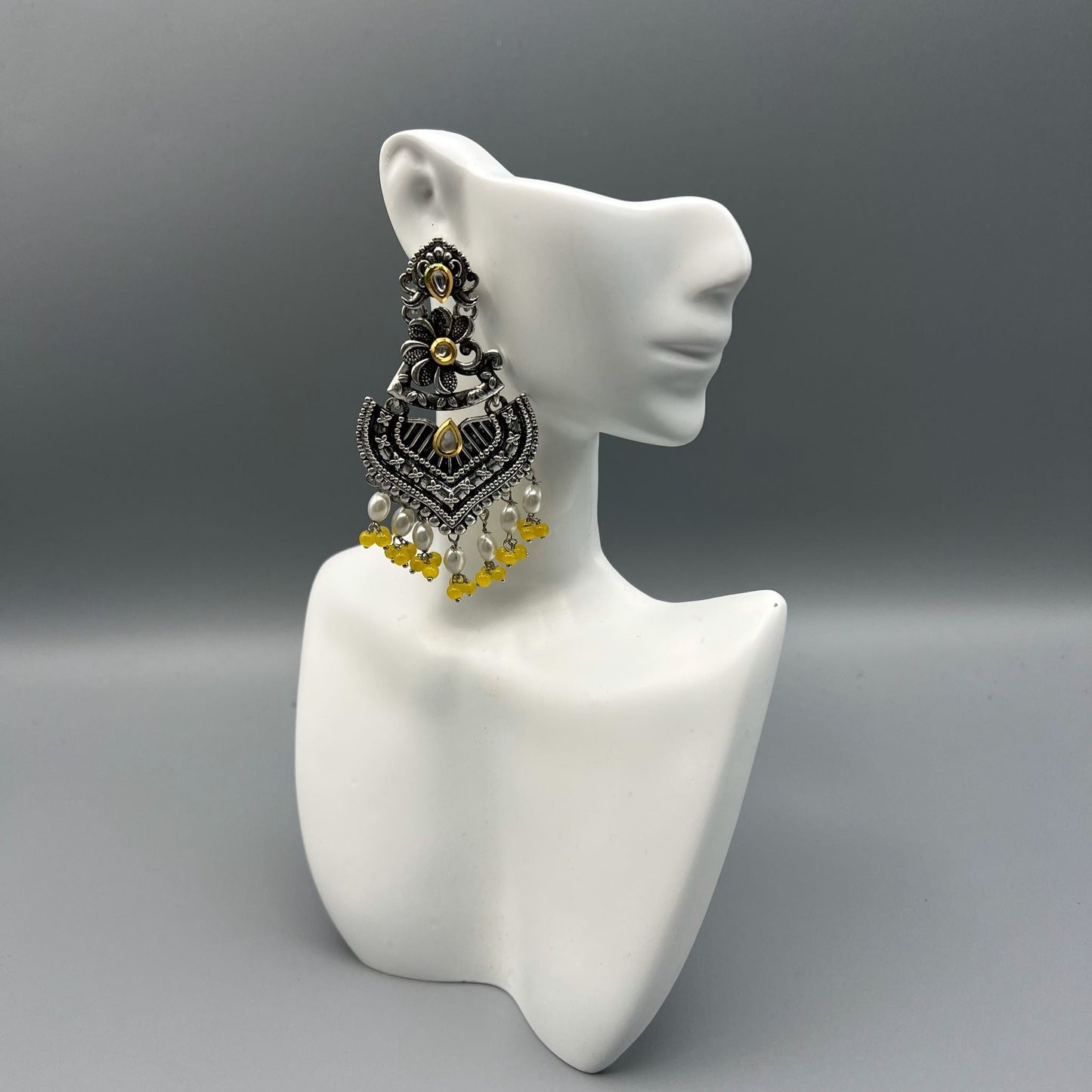 Fashion - Festive Yellow Oxidized Metal Chandelier Statement Earrings