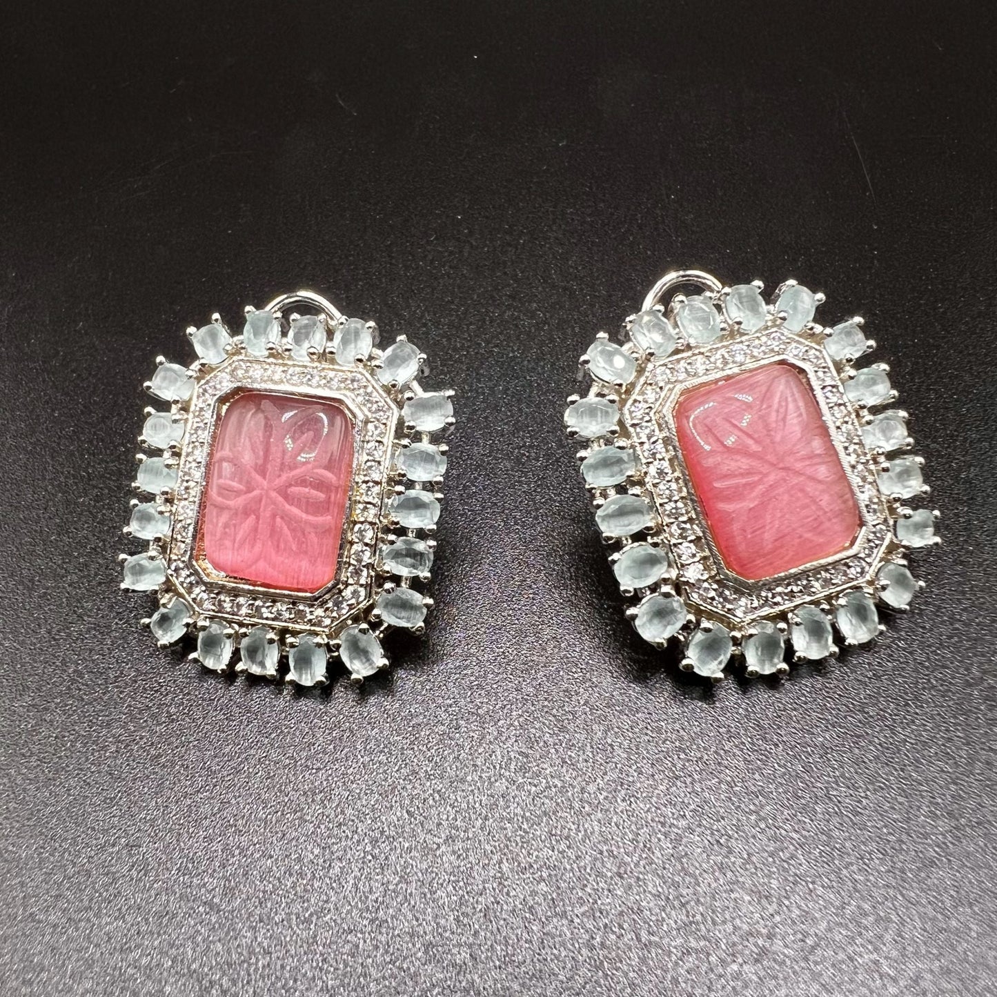 Fashion - Classic Pink, Mint Green Color AD/CZ Stone Jewelry Stud Earrings