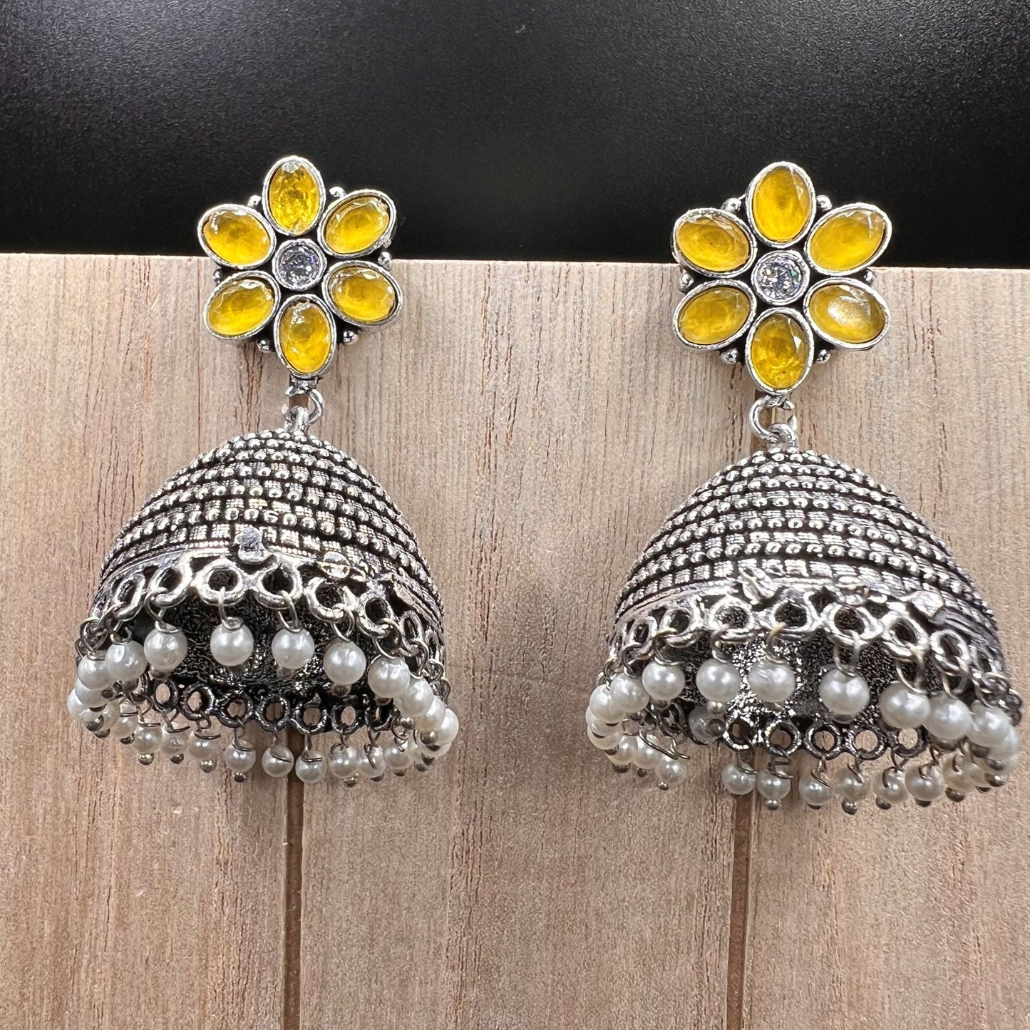 Fashion - Classic Yellow Color Oxidized/Silver Tone Jhumka Earrings
