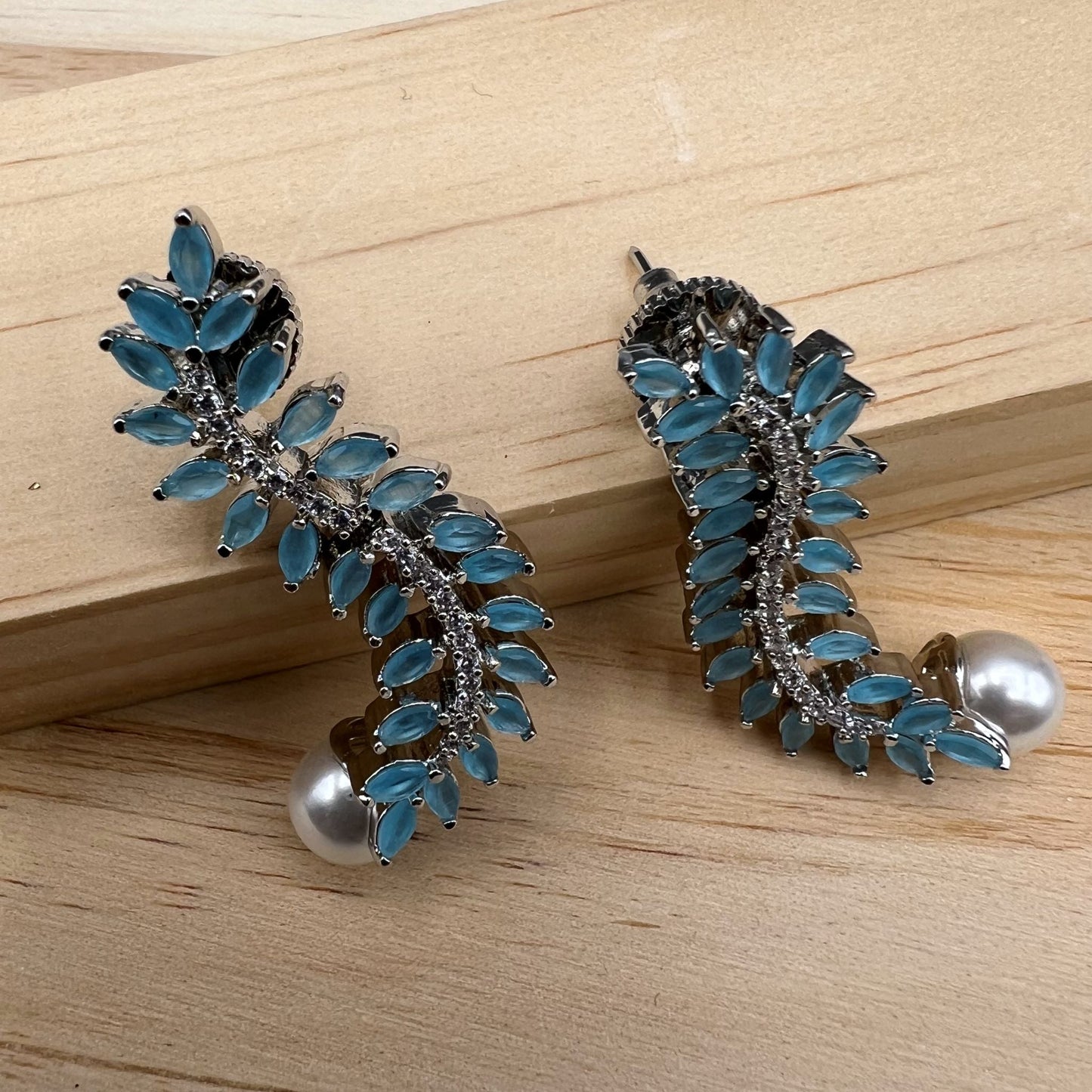 Fashion - Designer Trendy Aqua Blue Color AD/CZ Stone Cluster Earrings