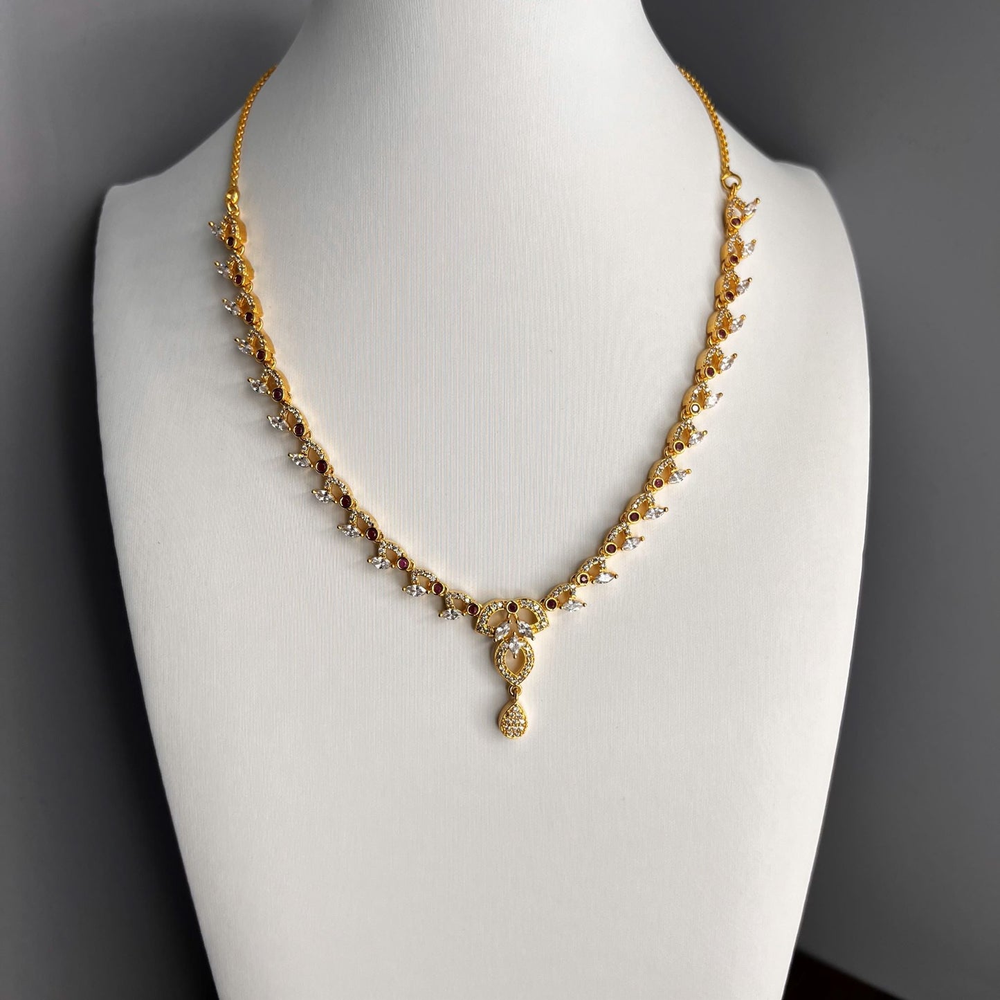 Fashion Premium - Minimalist Dainty White & Ruby Pink AD/CZ Stone Necklace Set