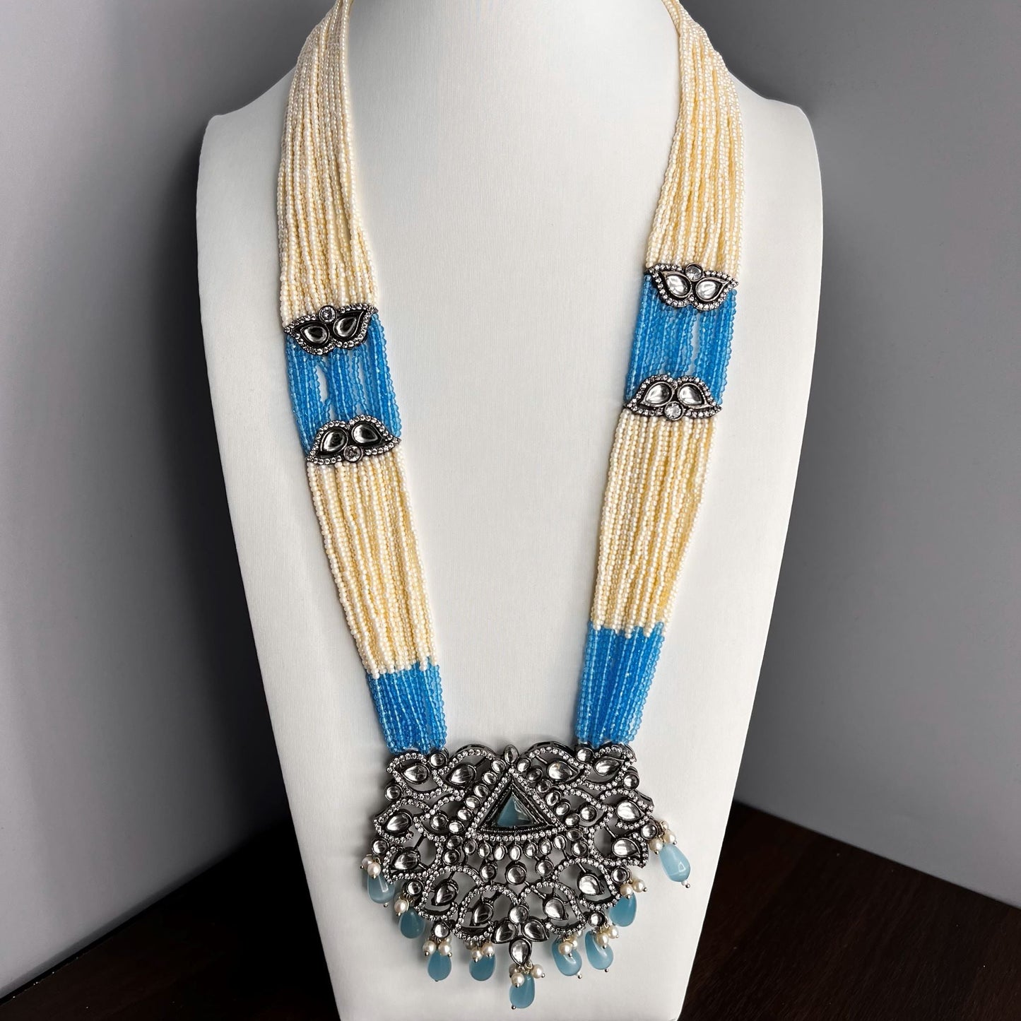 Fashion - Victorian Design Aqua Blue Oxidized, Bead Mix Long Necklace Set
