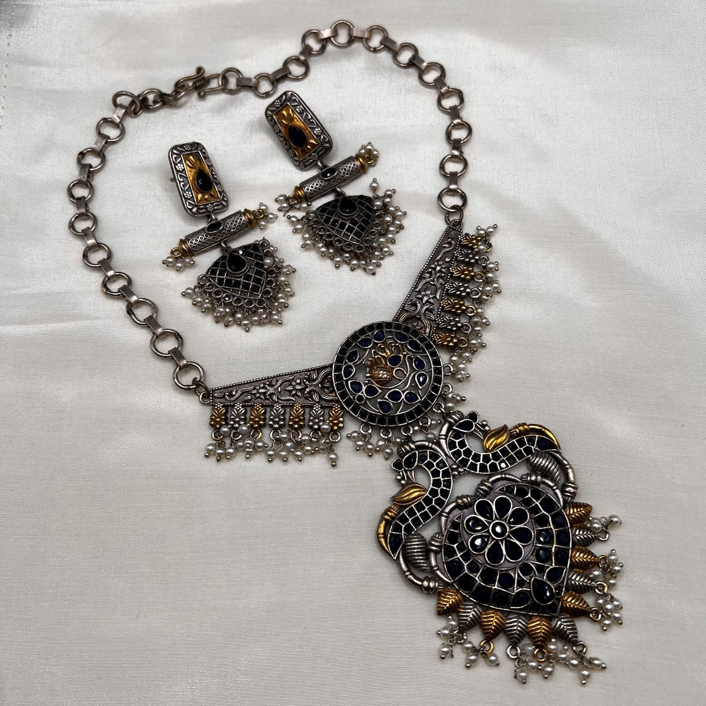 Fashion - Trendy Silver Replica Statement Peacock Design Navy Blue Dual Tone Oxidized Necklace Set