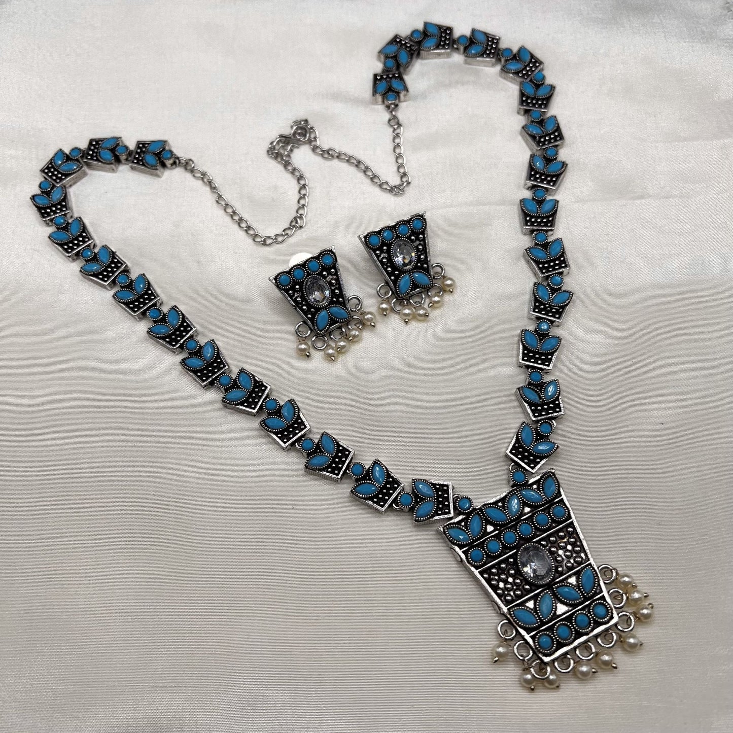 Fashion - Trendy Light Blue Oxidized Long Necklace Set
