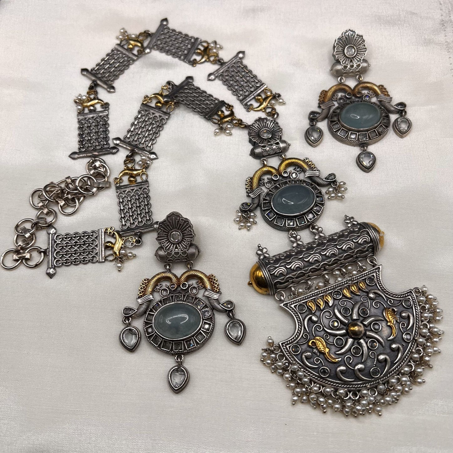 Fashion - Exclusive Peacock Design Light Blue Dual Tone Oxidized Long Necklace Set