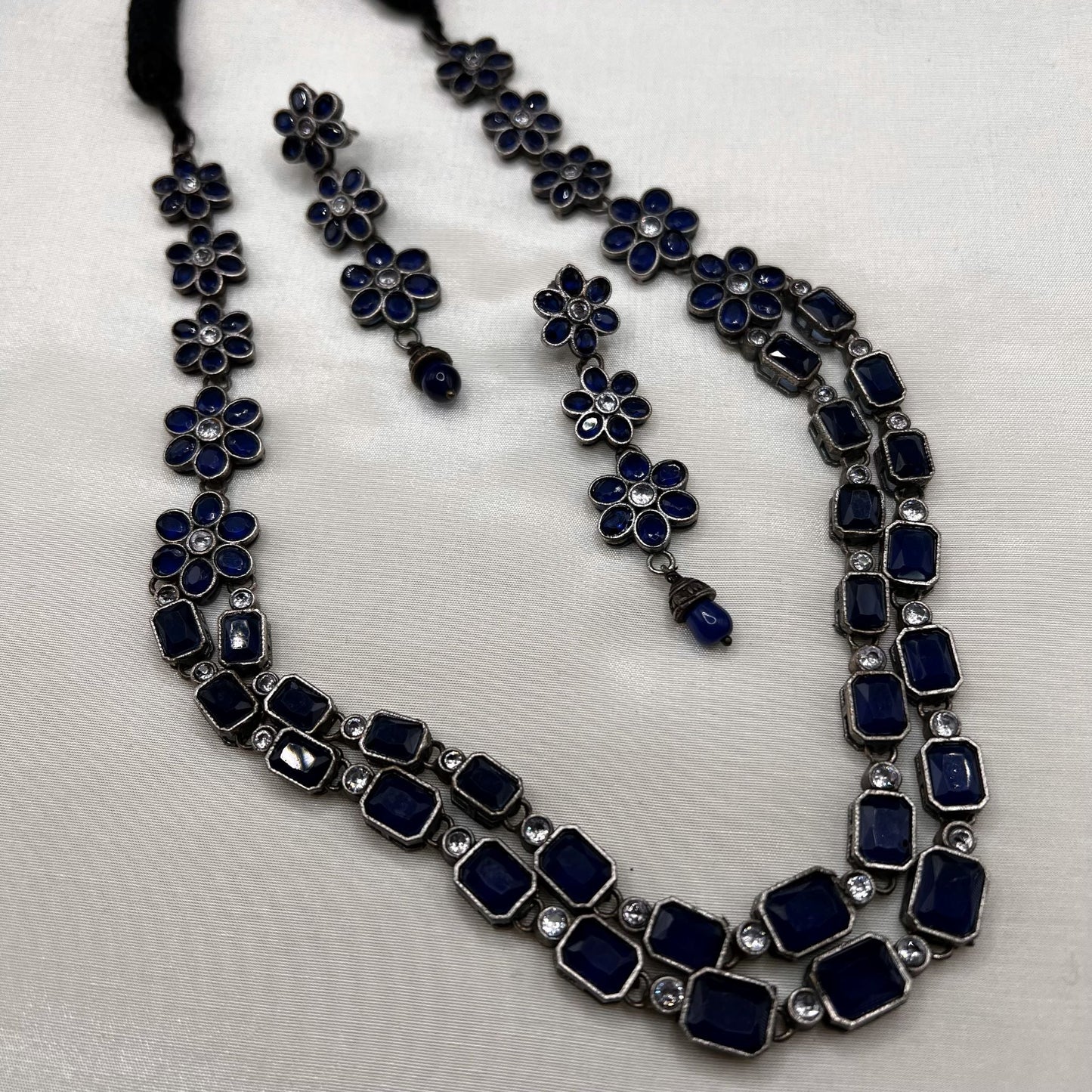 Fashion - Dual Layer Blue Dark Oxidized Necklace Set