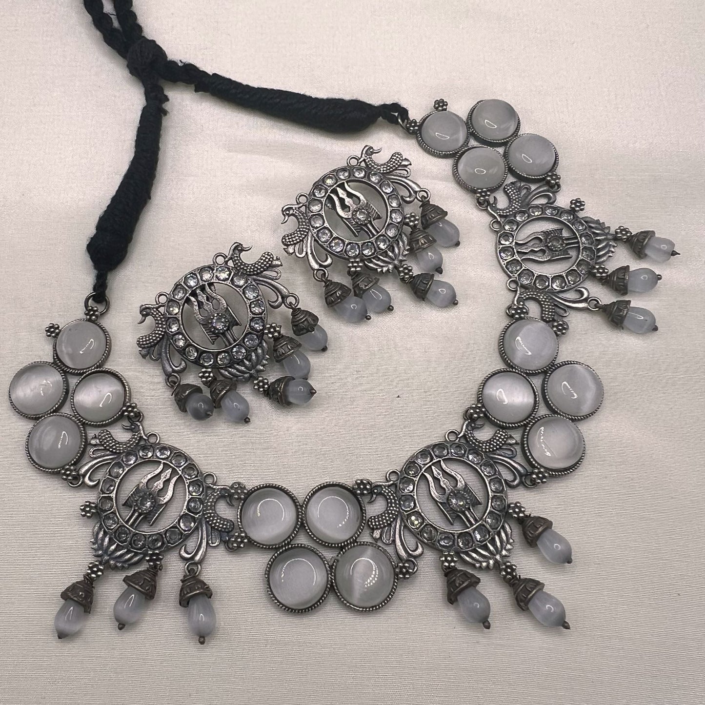 Fashion - Unique Peacock Design Lord Shiva Trident White Oxidized Temple Necklace Set