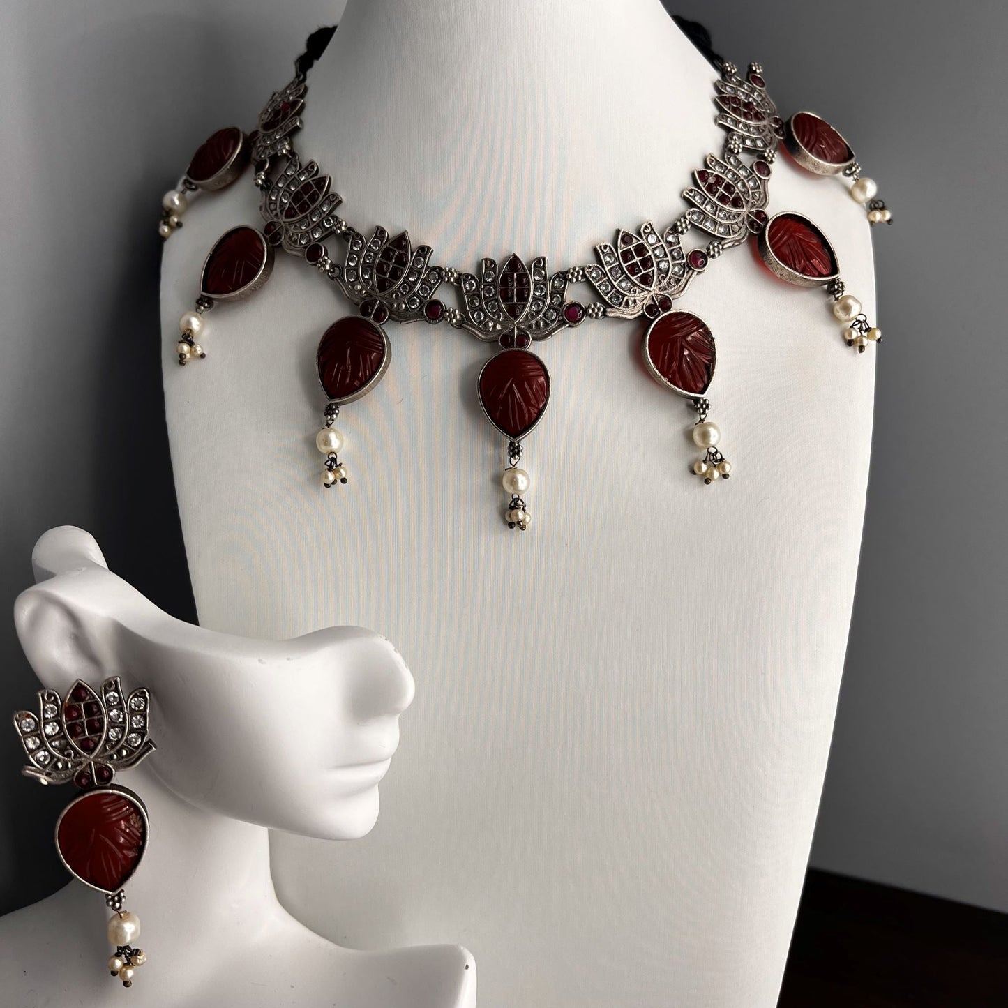 Fashion - Designer Lotus Design With Dark Red Carved Stone Oxidized Necklace Set