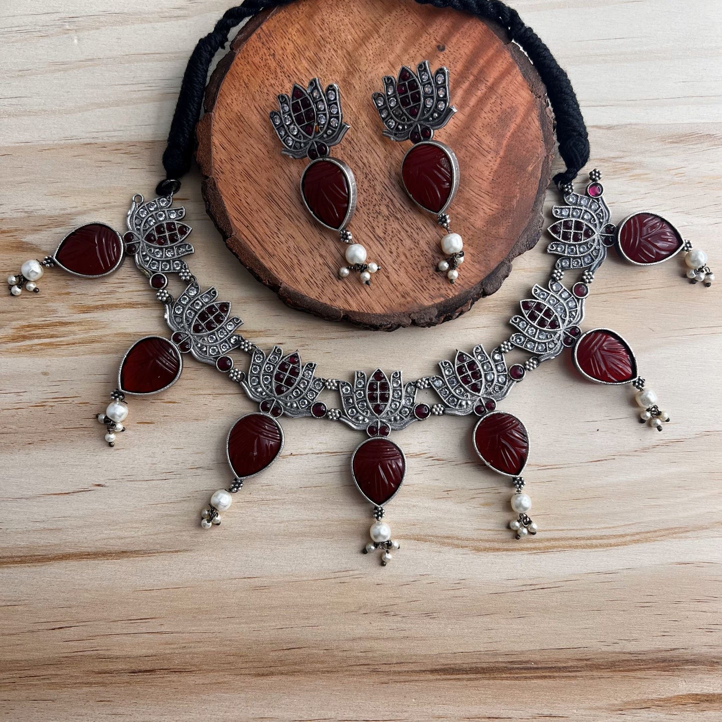Fashion - Designer Lotus Design With Dark Red Carved Stone Oxidized Necklace Set