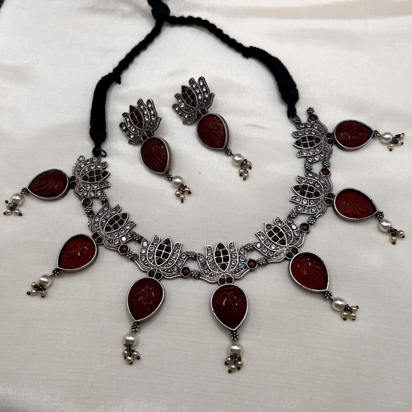 Fashion - Designer Lotus Design With Dark Red Carved Stone Oxidized Necklace Set
