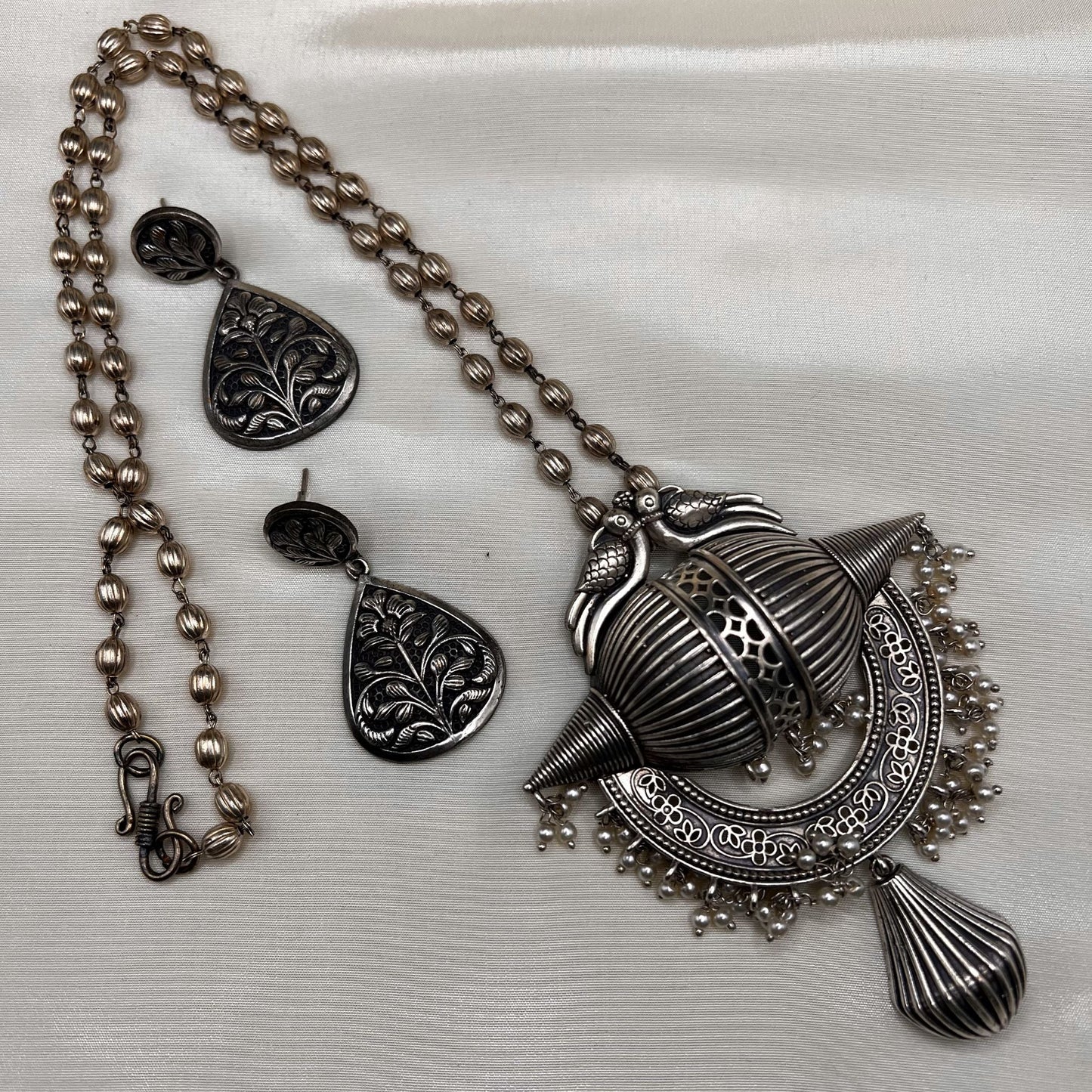 Fashion - Silver Replica Peacock Design Silver Oxidized Long Matar Mala Pendant Set