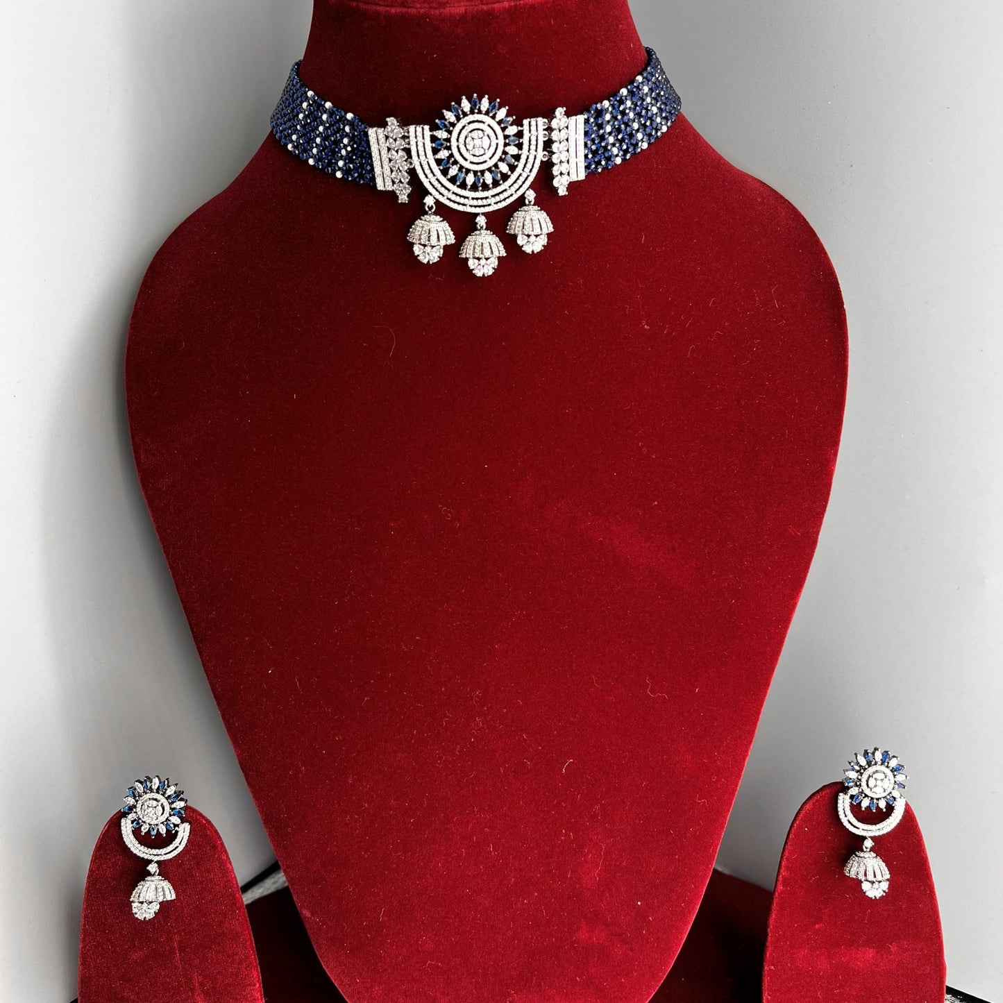 Fashion Premium - Victorian Inspired Navy Blue AD/CZ Stone, Bead Mix Choker Necklace Set