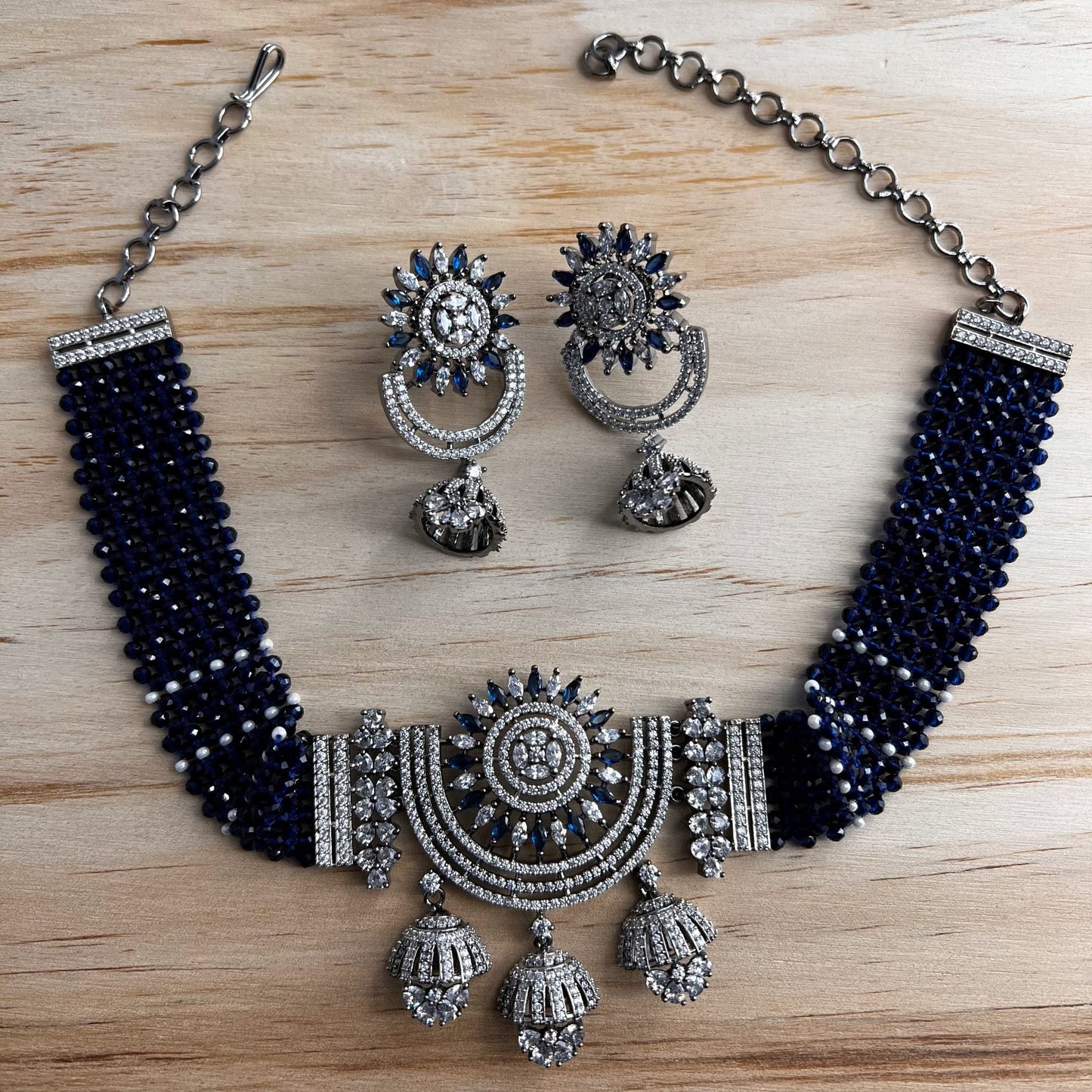 Fashion Premium - Victorian Inspired Navy Blue AD/CZ Stone, Bead Mix Choker Necklace Set