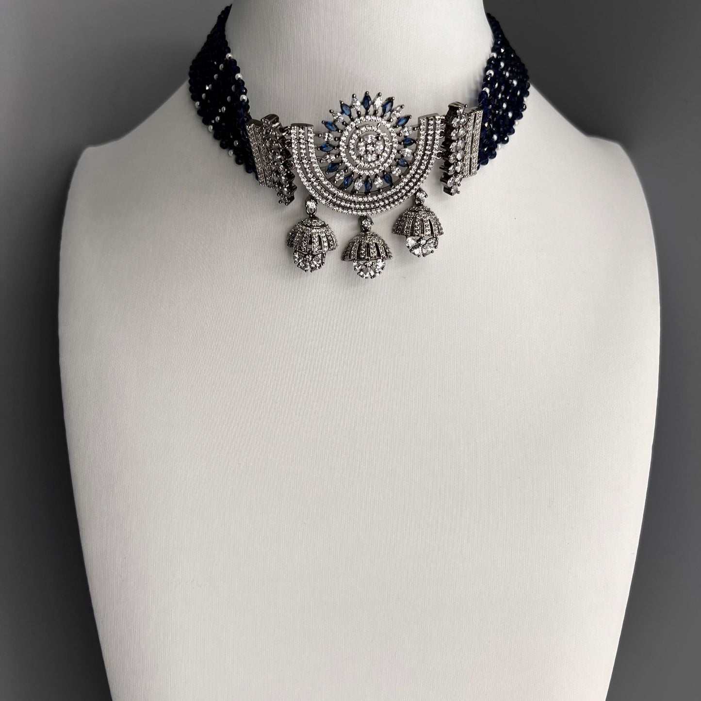 Fashion Premium - Victorian Inspired Navy Blue AD/CZ Stone, Bead Mix Choker Necklace Set