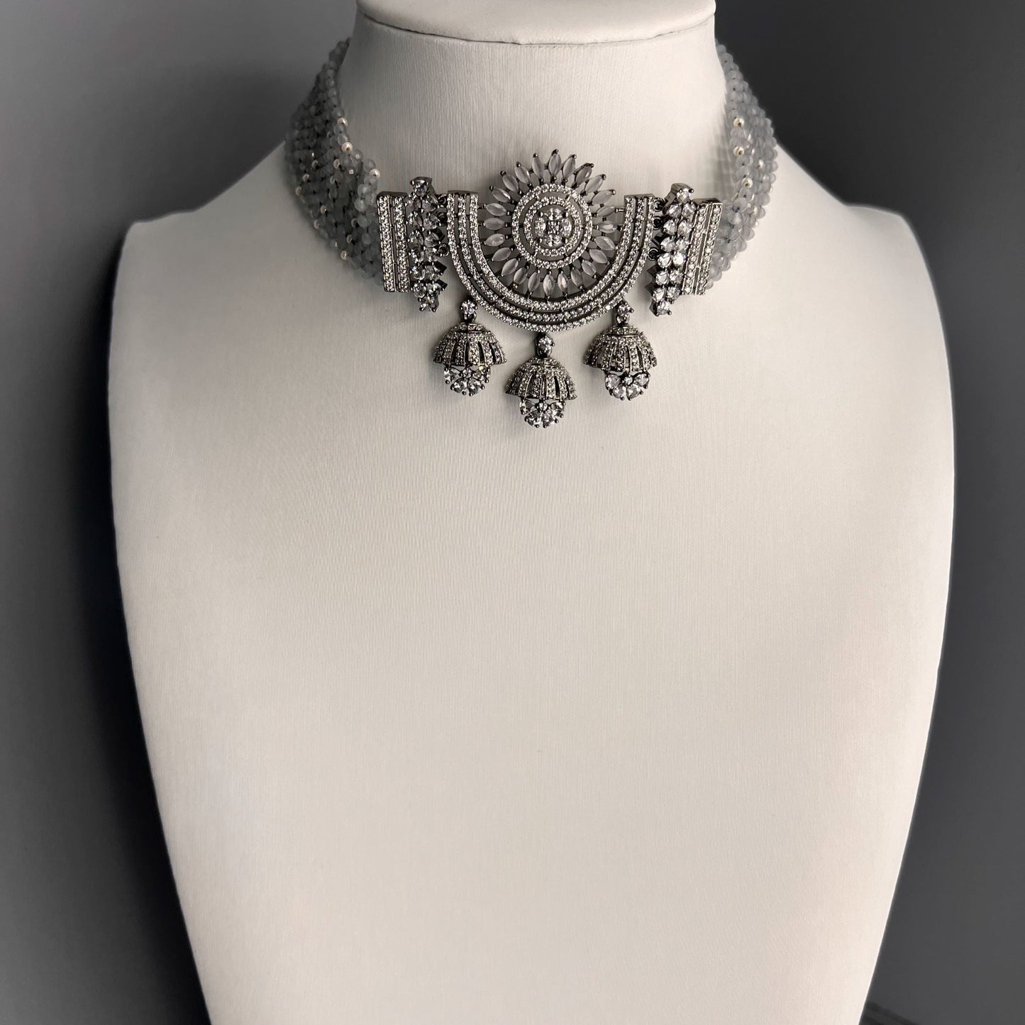 Fashion Premium - Victorian Inspired Grey AD/CZ Stone, Bead Mix Choker Necklace Set