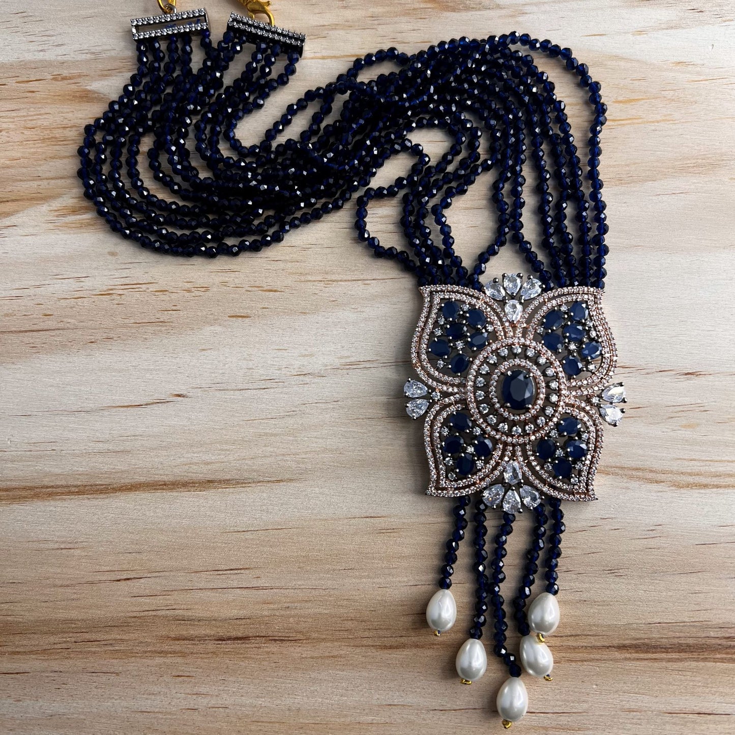 Fashion Premium - Victorian Inspired Navy Blue AD/CZ Stone, Bead Mix Mala Necklace Set