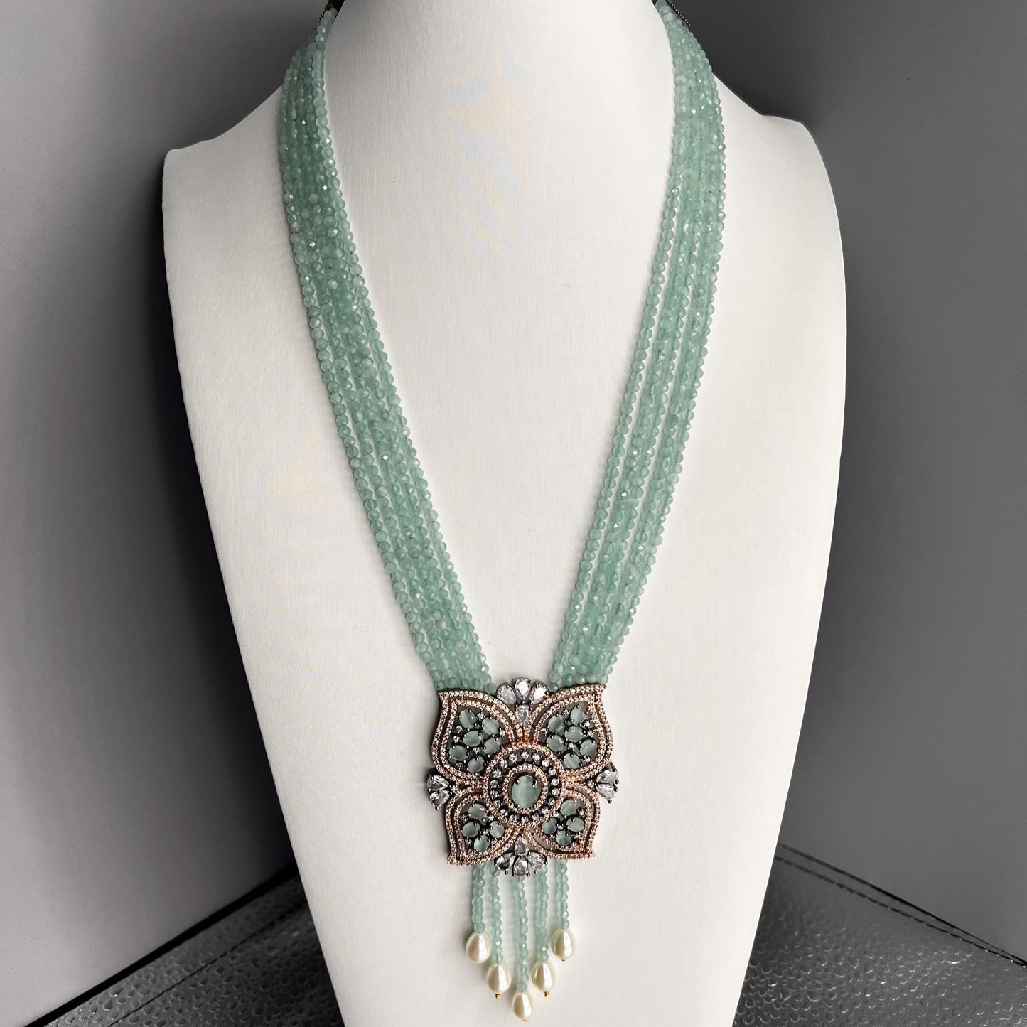 Fashion Premium - Victorian Inspired Mint Green AD/CZ Stone, Bead Mix Mala Necklace Set