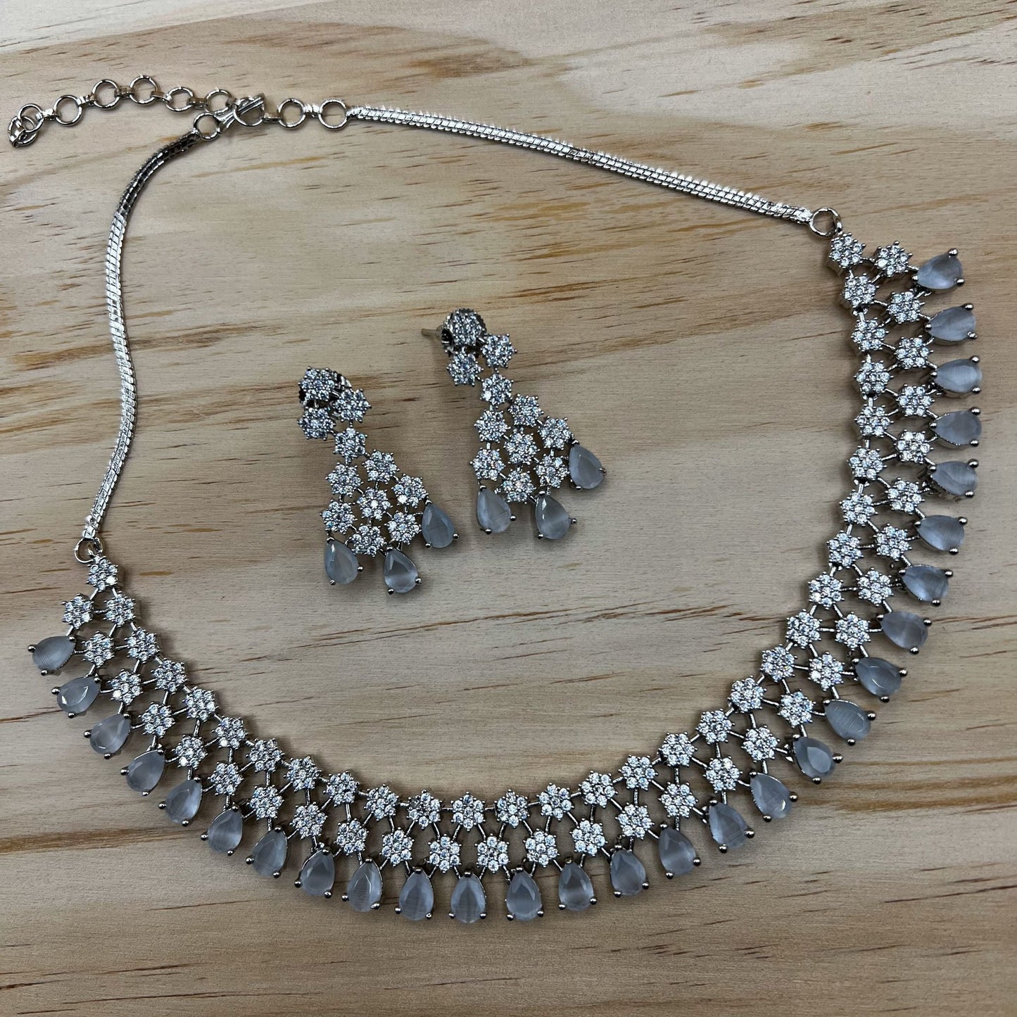 Fashion Premium - Classic 3 Layer Grey & White Color AD/CZ Stone Necklace Set
