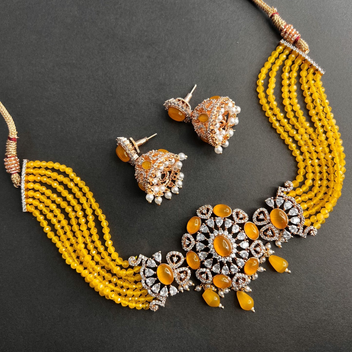 Fashion Premium - Elite Yellow Color AD/CZ Stone, Bead Mix Choker Necklace Set