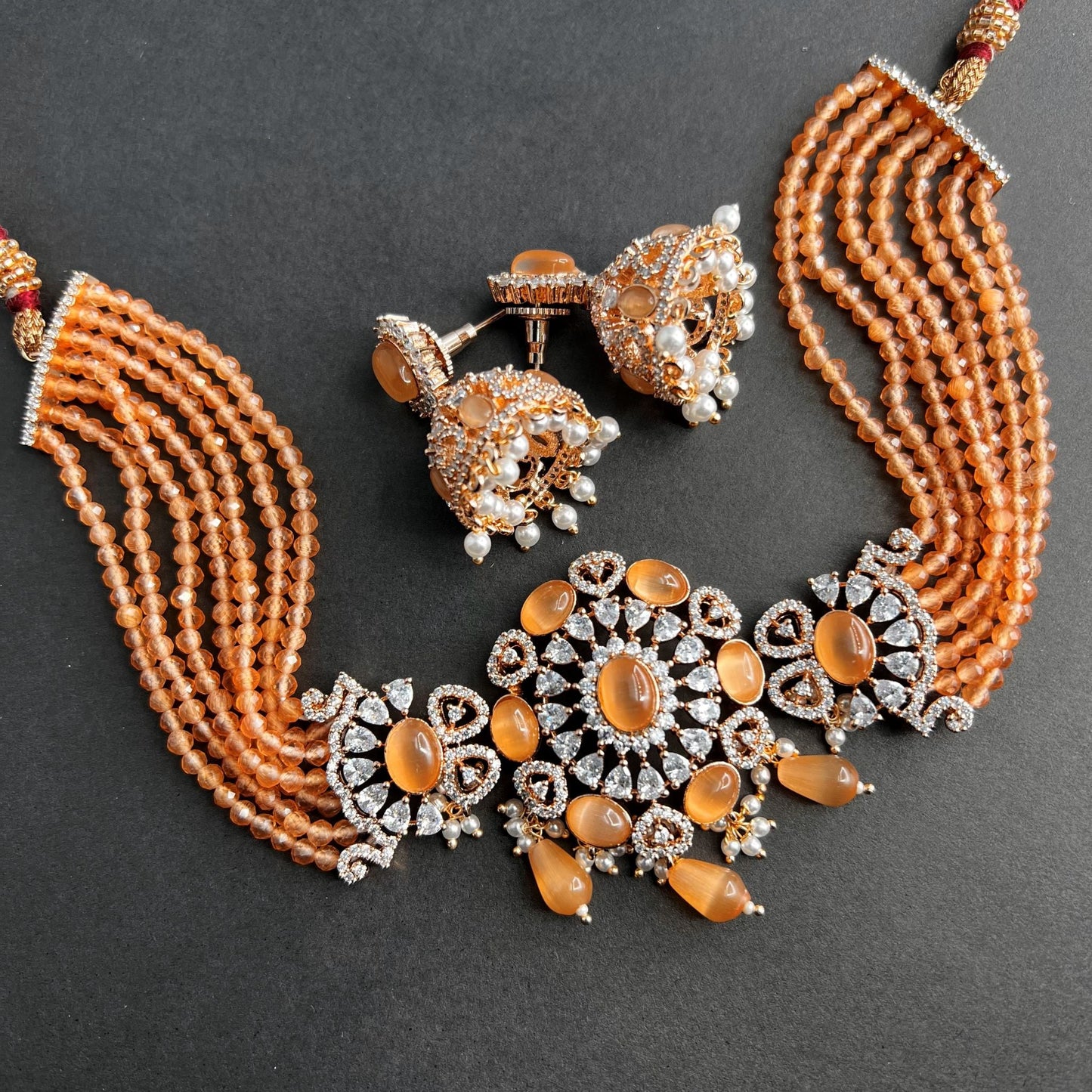 Fashion Premium - Elite Peach Orange Color AD/CZ Stone, Bead Mix Choker Necklace Set