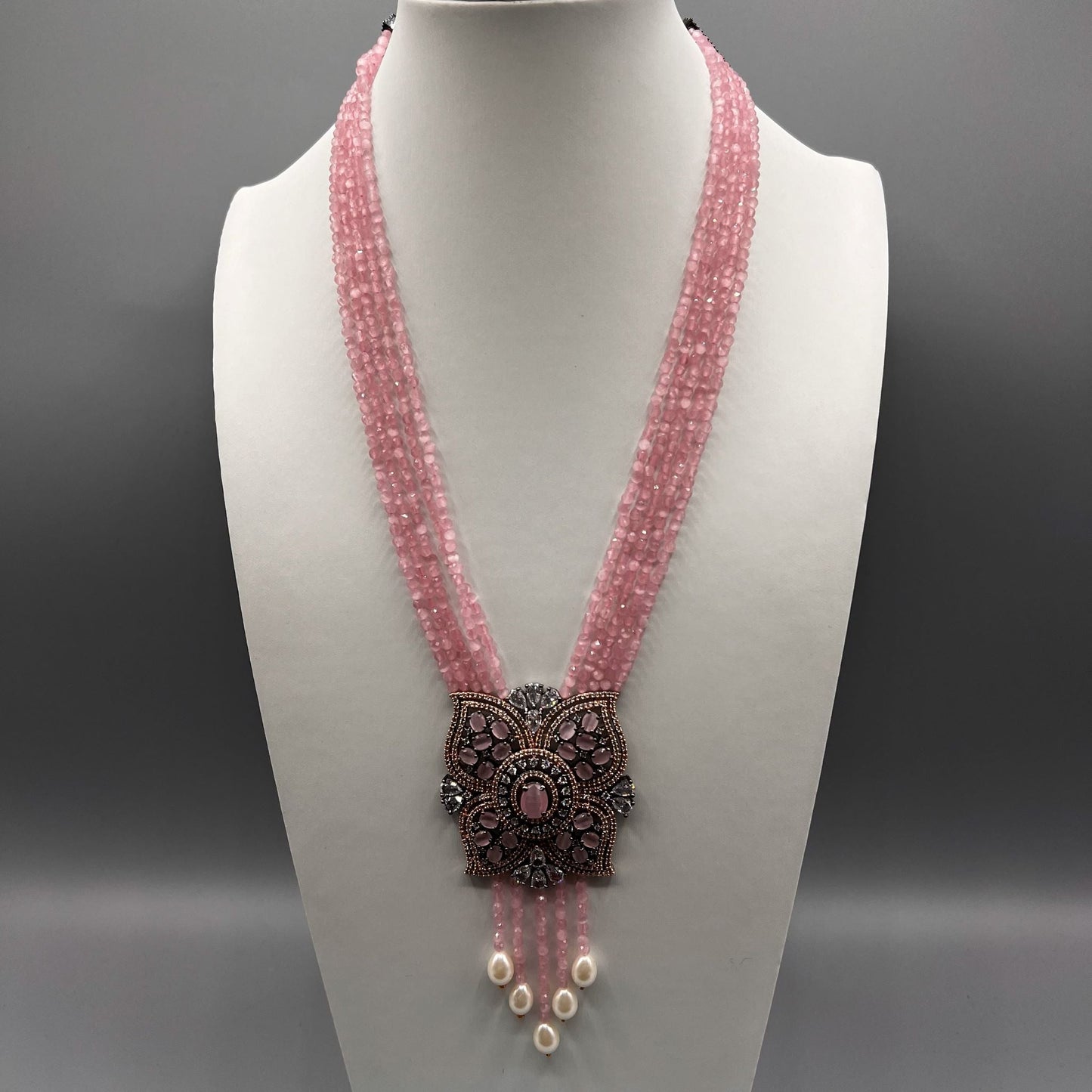 Fashion Premium - Victorian Inspired Trendy Pink AD/CZ Stone & Bead Mala Necklace Set