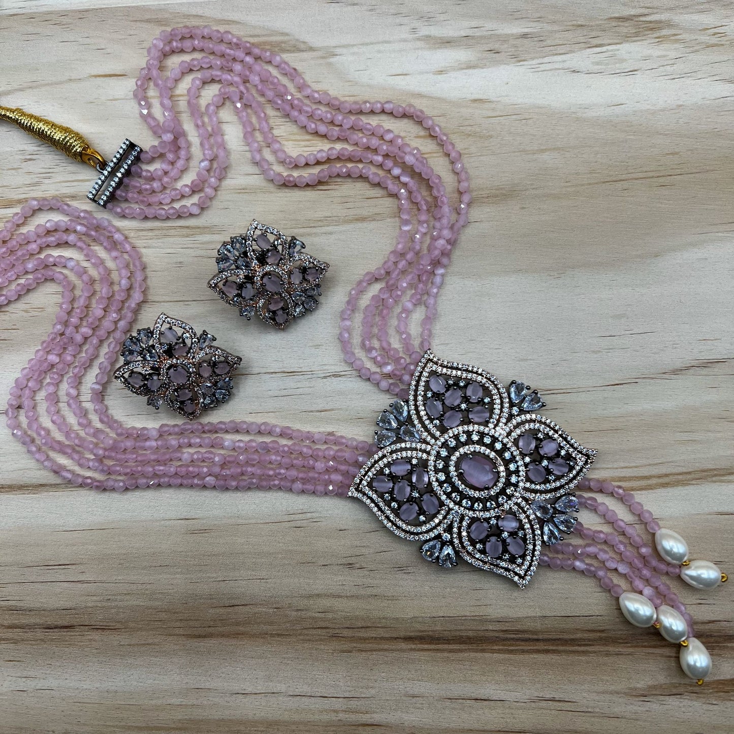 Fashion Premium - Victorian Inspired Trendy Pink AD/CZ Stone & Bead Mala Necklace Set