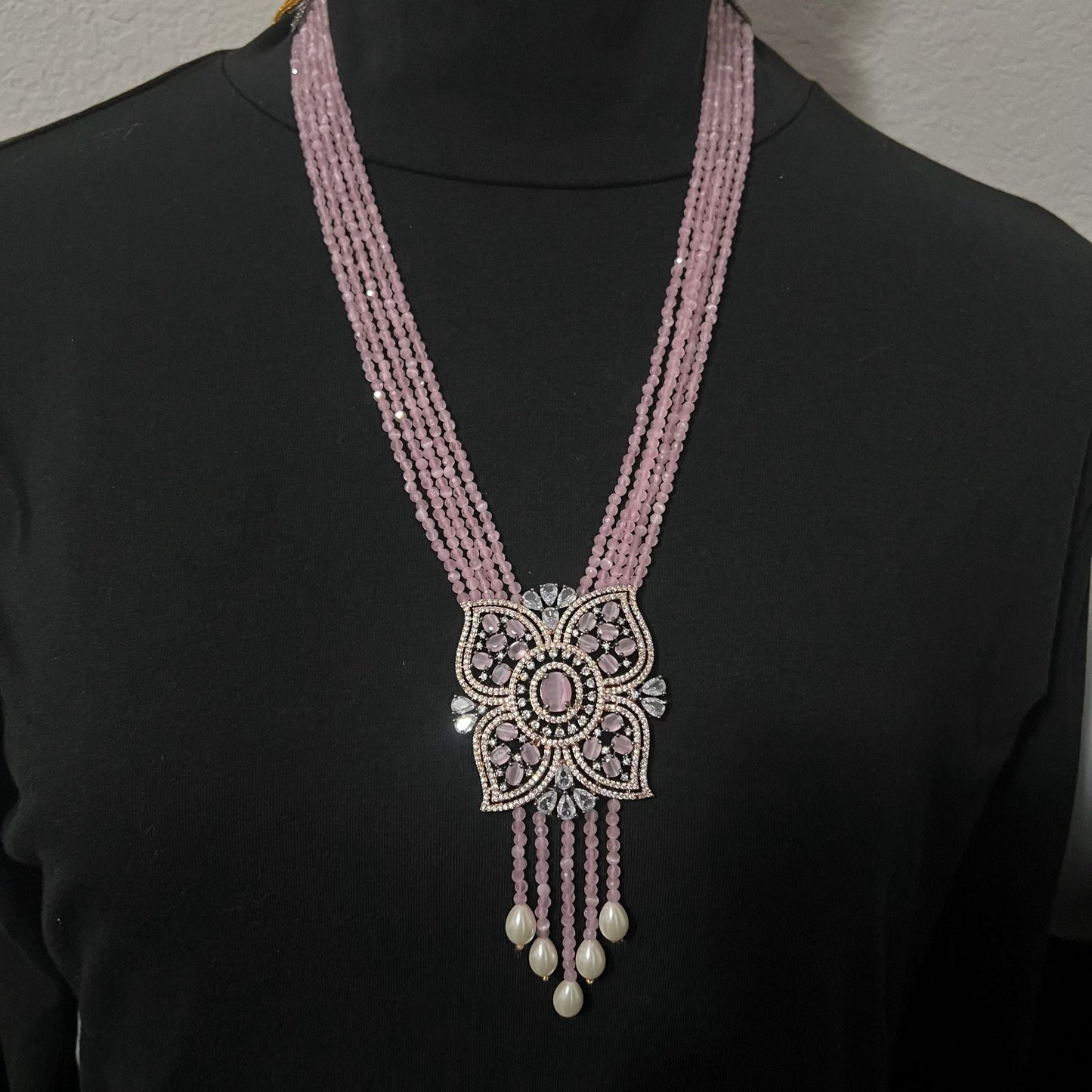 Fashion Premium - Victorian Inspired Trendy Pink AD/CZ Stone & Bead Mala Necklace Set