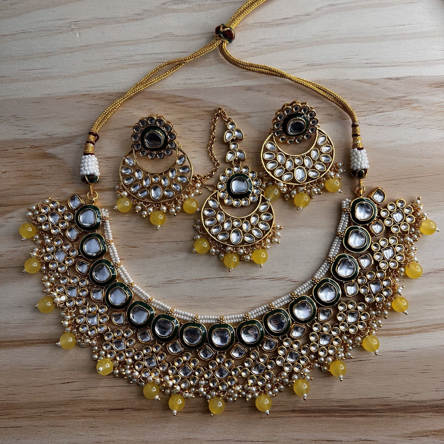 Fashion - Festive Green & Yellow Kundan Work Jewelry Set