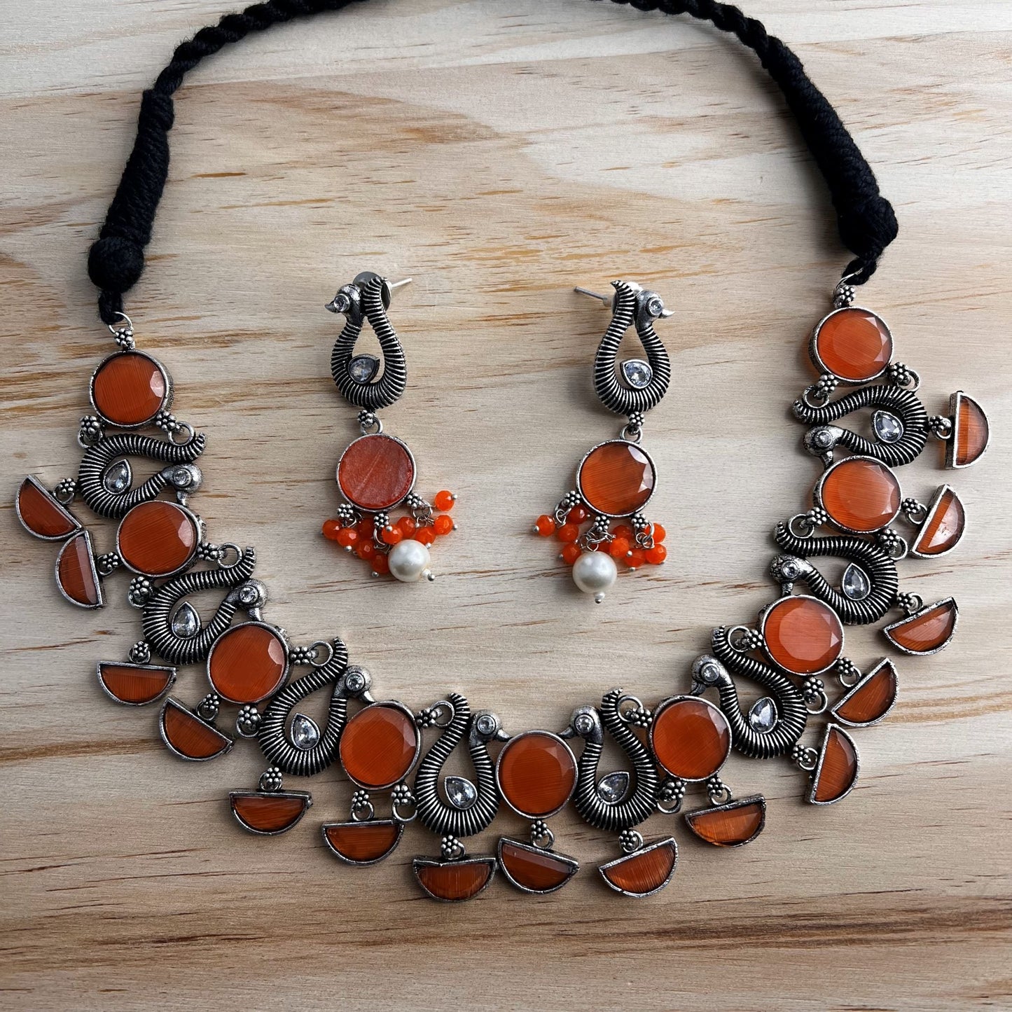 Fashion - Peach Orange & Peacock Motifs Oxidized Necklace Set