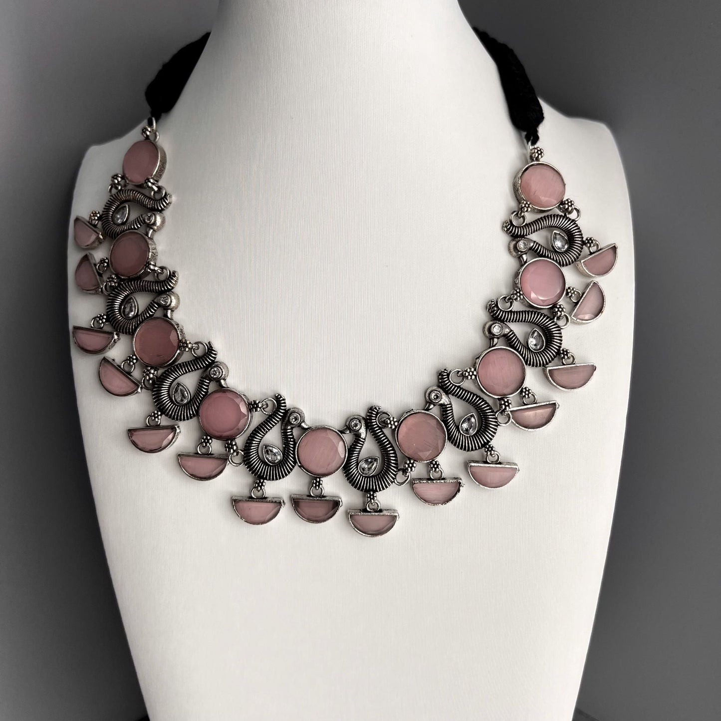 Fashion - Pink & Peacock Motifs Oxidized Necklace Set
