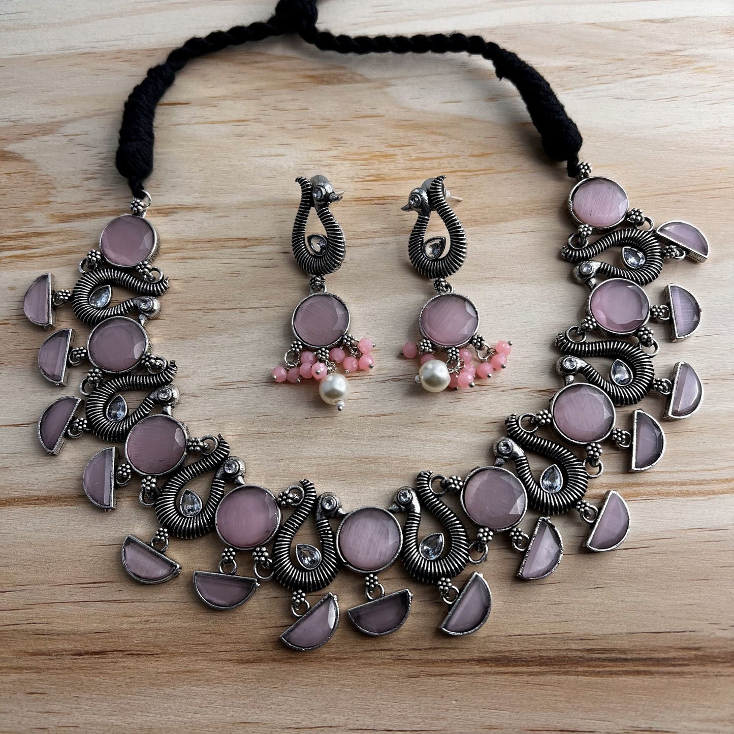 Fashion - Pink & Peacock Motifs Oxidized Necklace Set