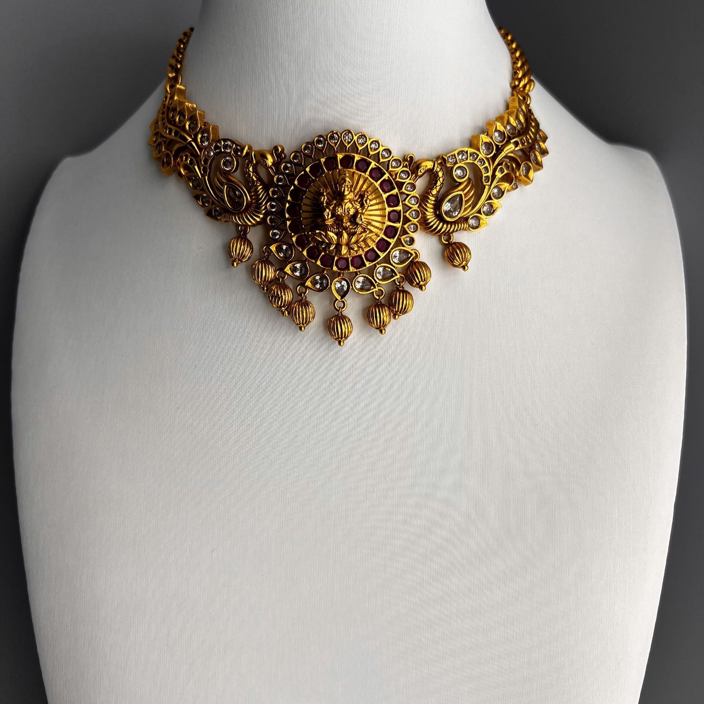 Fashion Premium - Gold Replica Ruby Pink Goddess Lakshmi & Peacocks Antique Traditional Choker Necklace Set