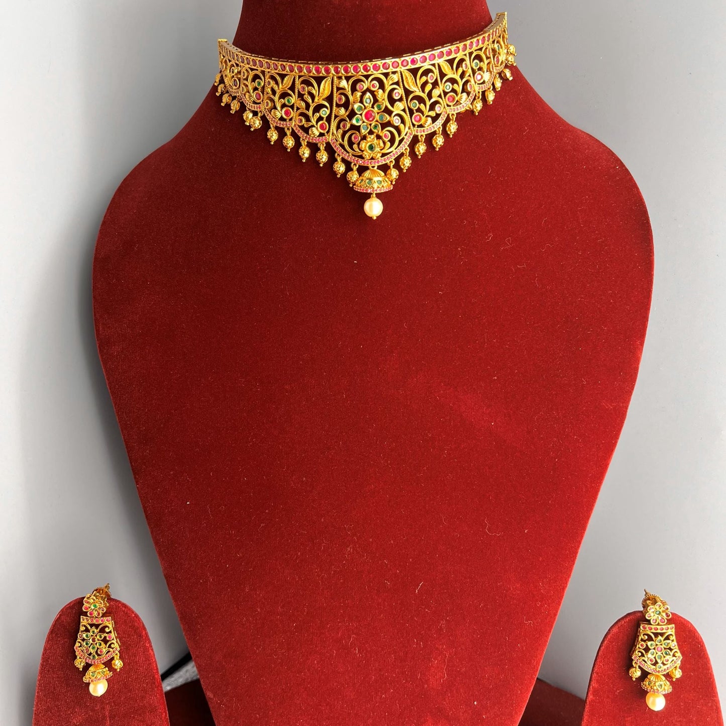 Fashion - Classic Ruby Pink & Green Antique Traditional Choker Necklace Set