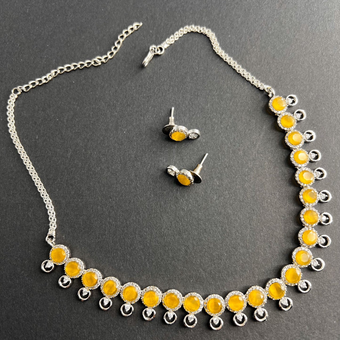 Fashion - Dainty Style Yellow Color AD/CZ Necklace Set With Rhodium Plating